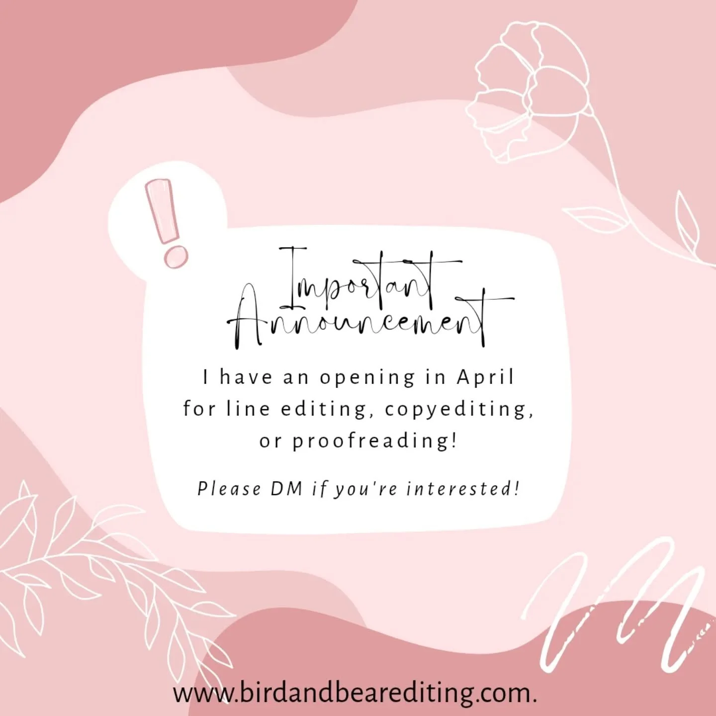 Due to a cancellation, I've got an opening for a full-length novel in April. This is the last opening I have before summer, so DM if you're interested! 

*I edit closed-door romance, fantasy, and YA.*

#birdandbearediting #fictioneditor #closeddoored