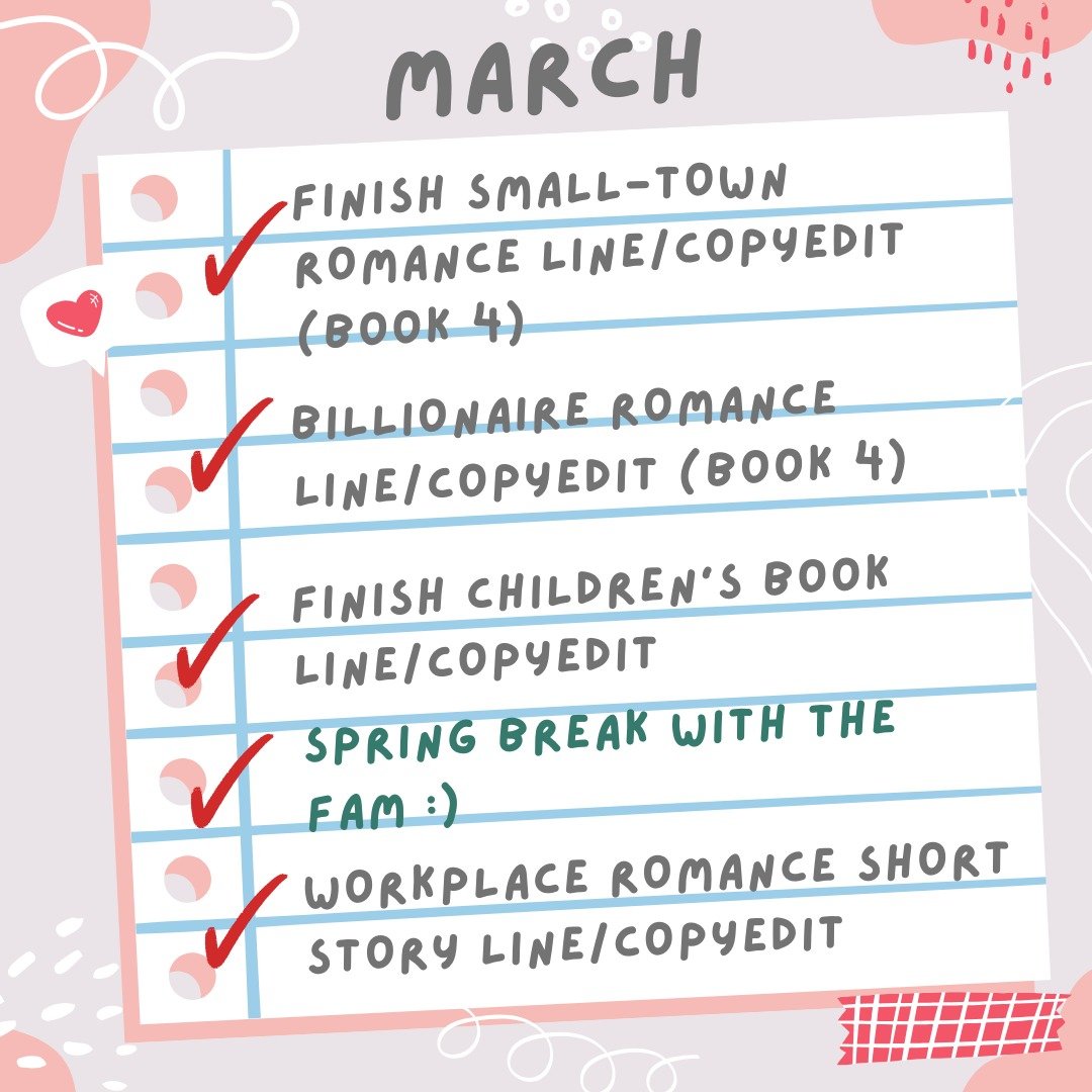 March kept me BUSY, but it helps that I love what I do. :)

Right now, my only remaining editing spot this year is in May. Let me know if you want to snag it!

#birdandbearediting #closeddoorromance #nospiceeditor