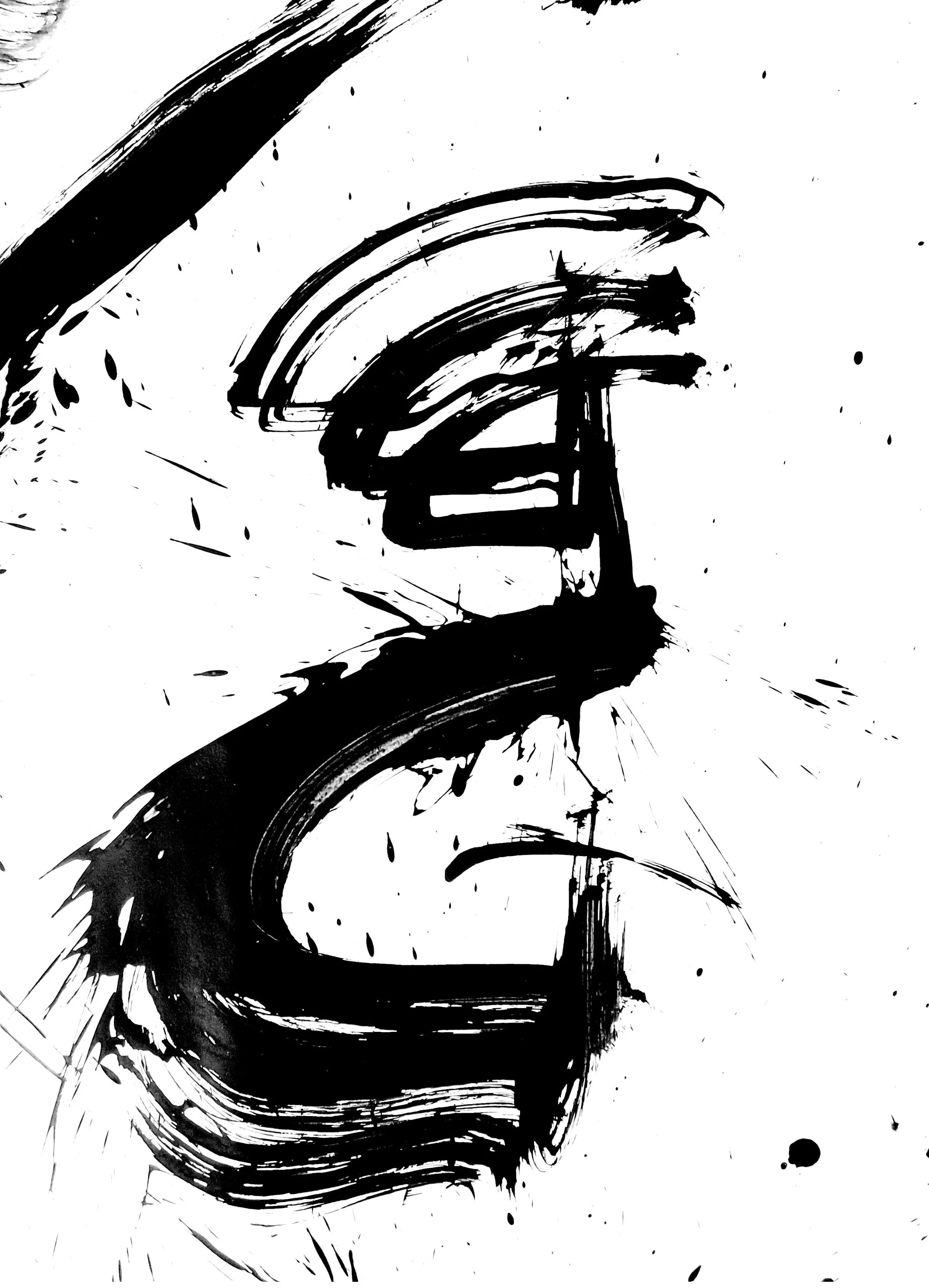 Black ink on canvas showing a figurative abstract fox, expressive painting by Dani Selyebi.