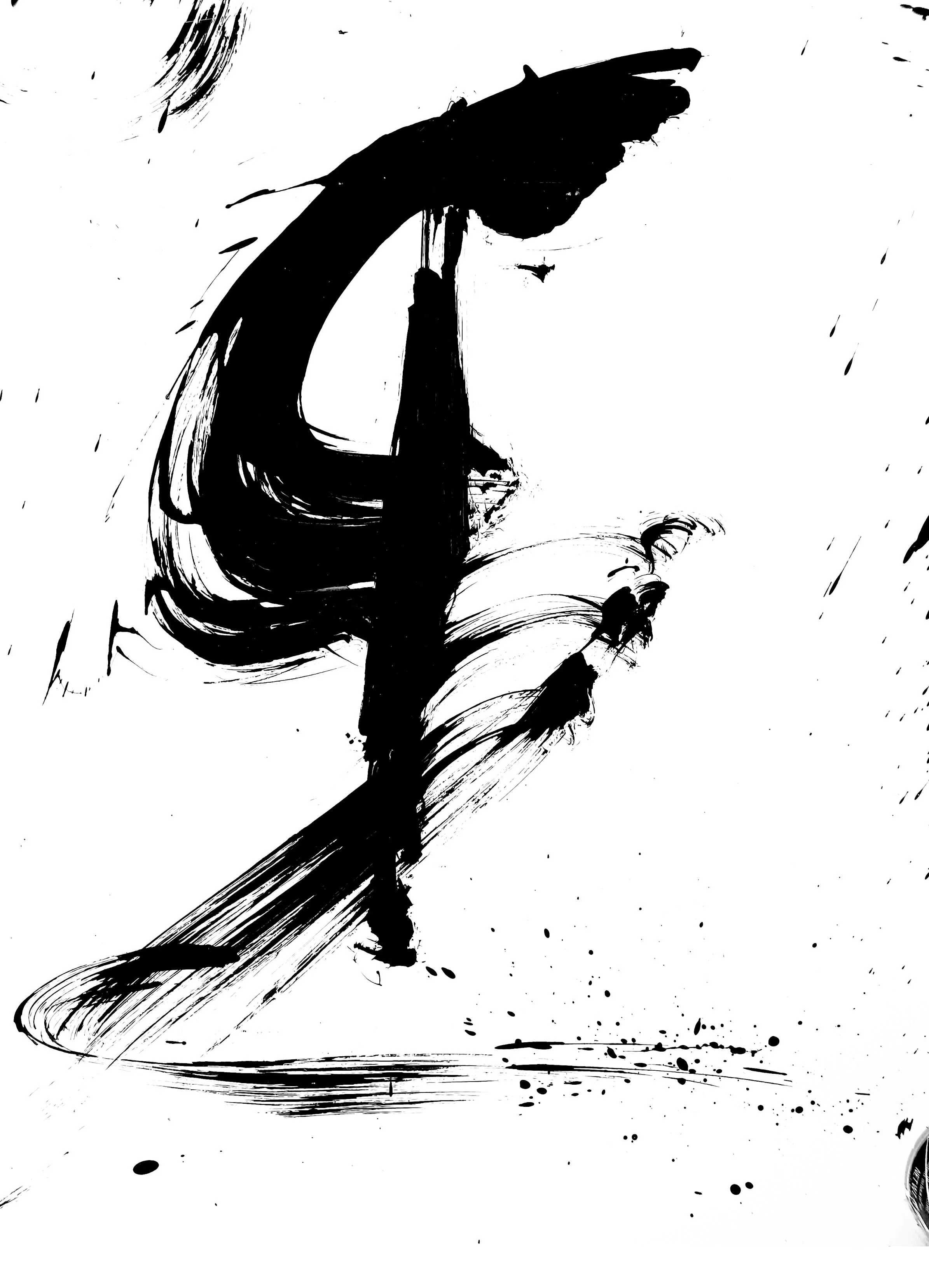 Contemporary figurative abstract painting in black ink on canvas, featuring a stylized fox.