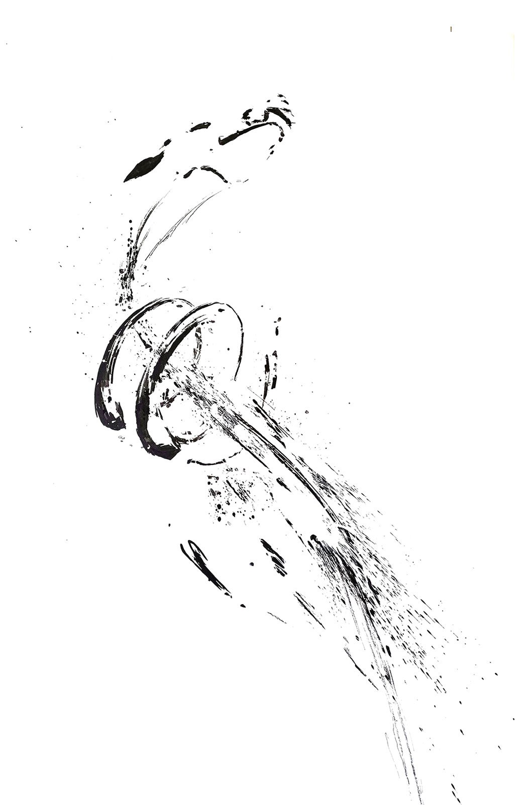 Figurative abstract ink artwork with expressive black brushstrokes, dynamic motion, and emotional depth.