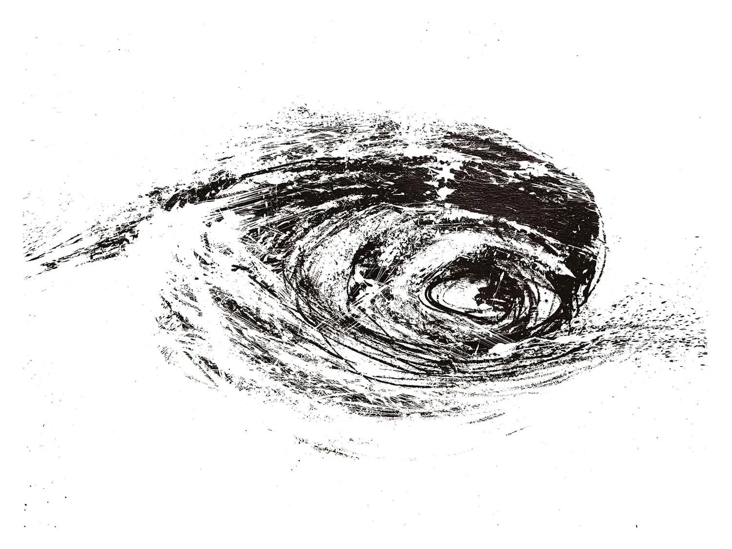 Black-and-white dynamic abstraction: spiraling structures built from intense layers of line, forming a condensed composition charged with inner tension.