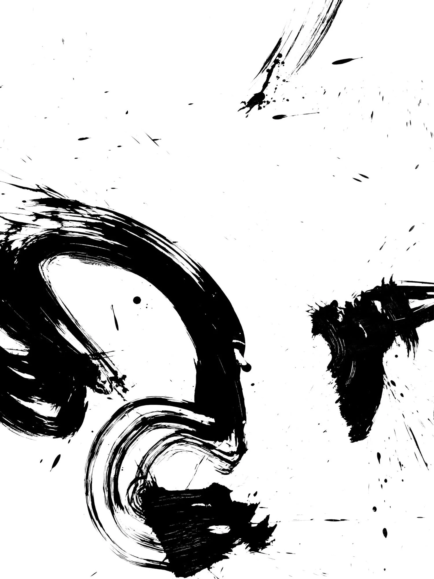 Contemporary abstract painting featuring organic forms and dynamic black brushstrokes.