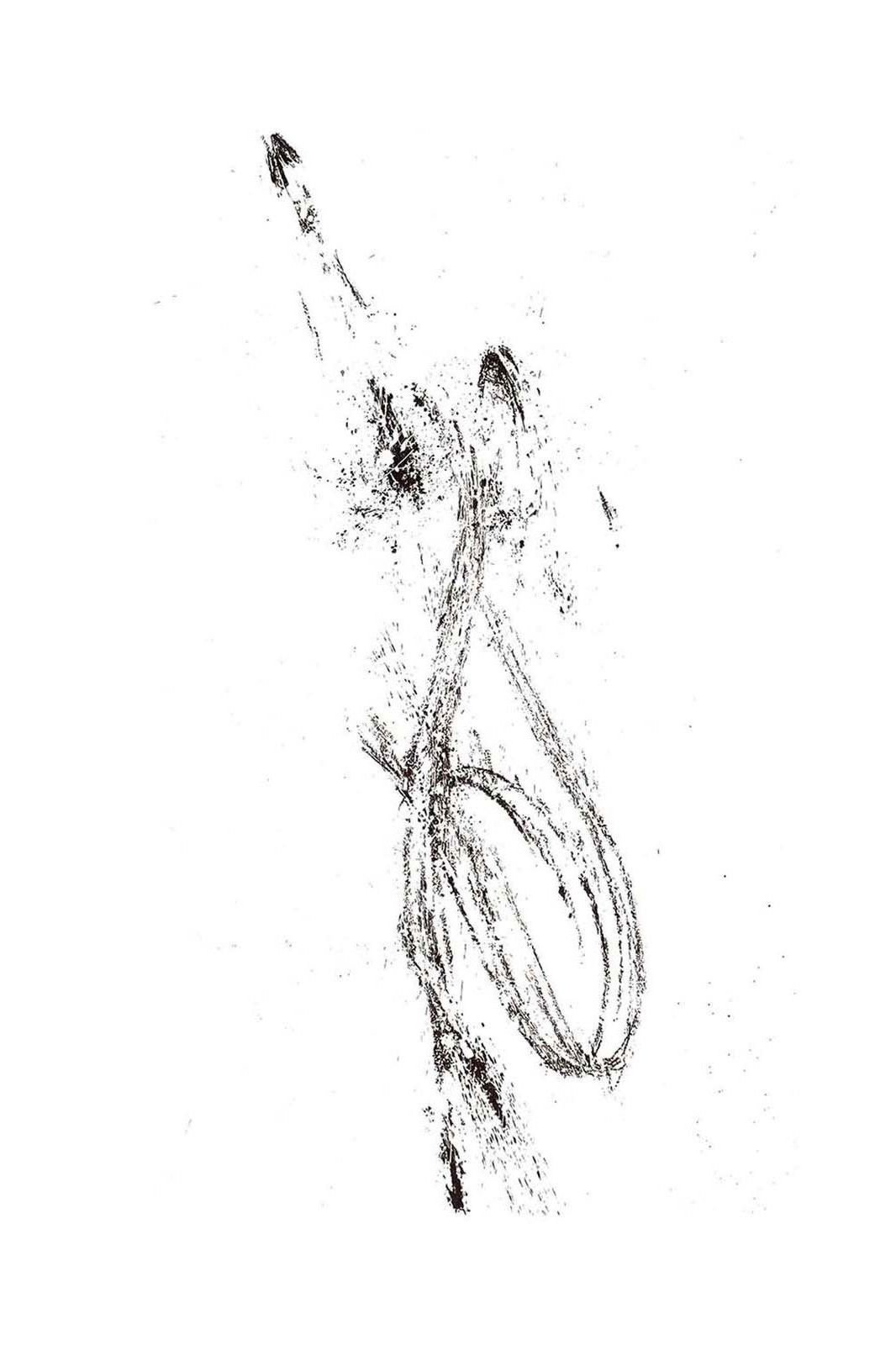 Fekete-fehér, expresszív vonalrajz: organikus, függőleges kompozíció finoman szórt textúrával és meditatív, transzparens térhasználattal.
