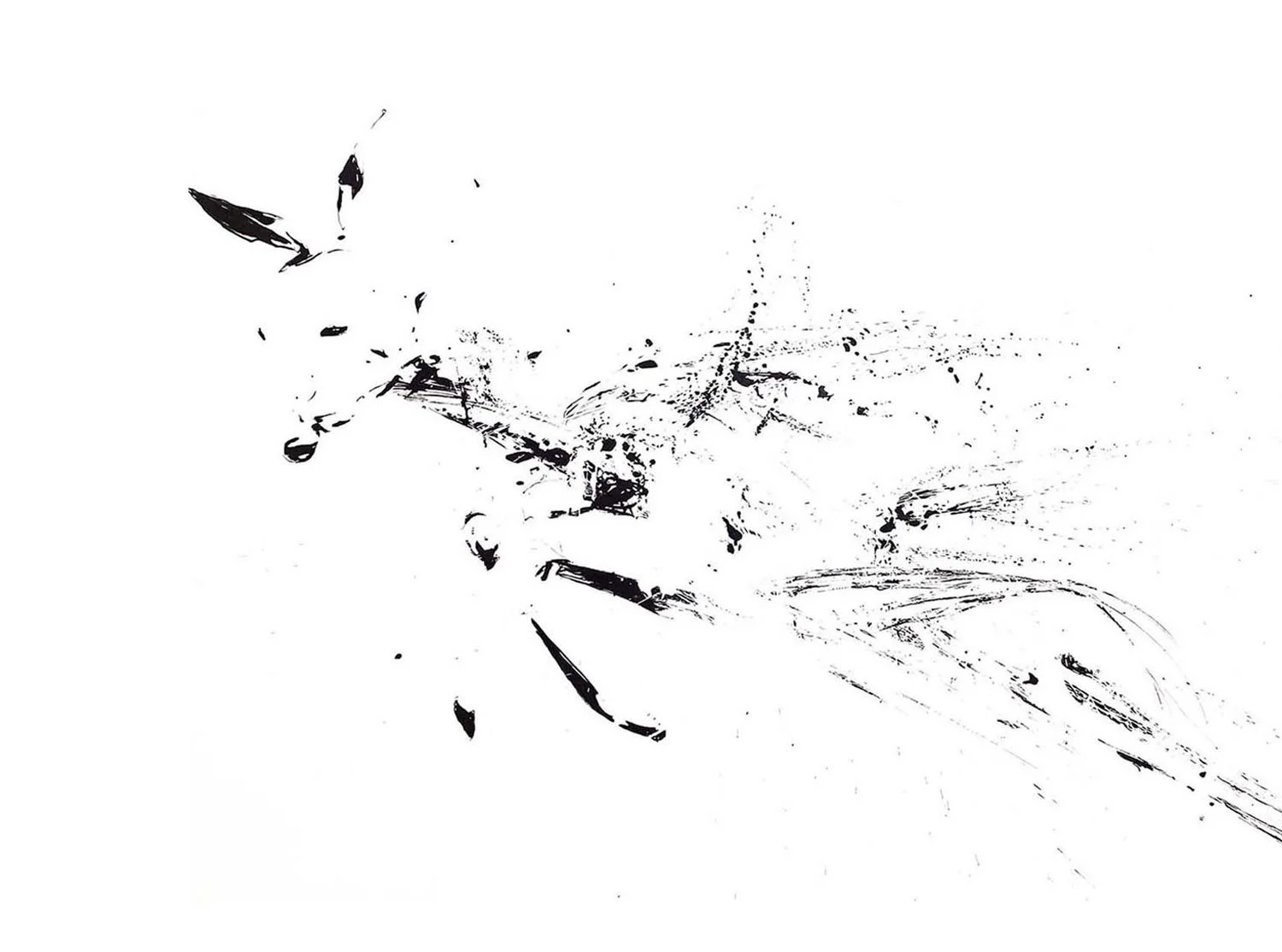 Monochrome figurative-abstract ink drawing: a deer form dissolving into motion, expressed through explosive gestures and a reduced sense of space.