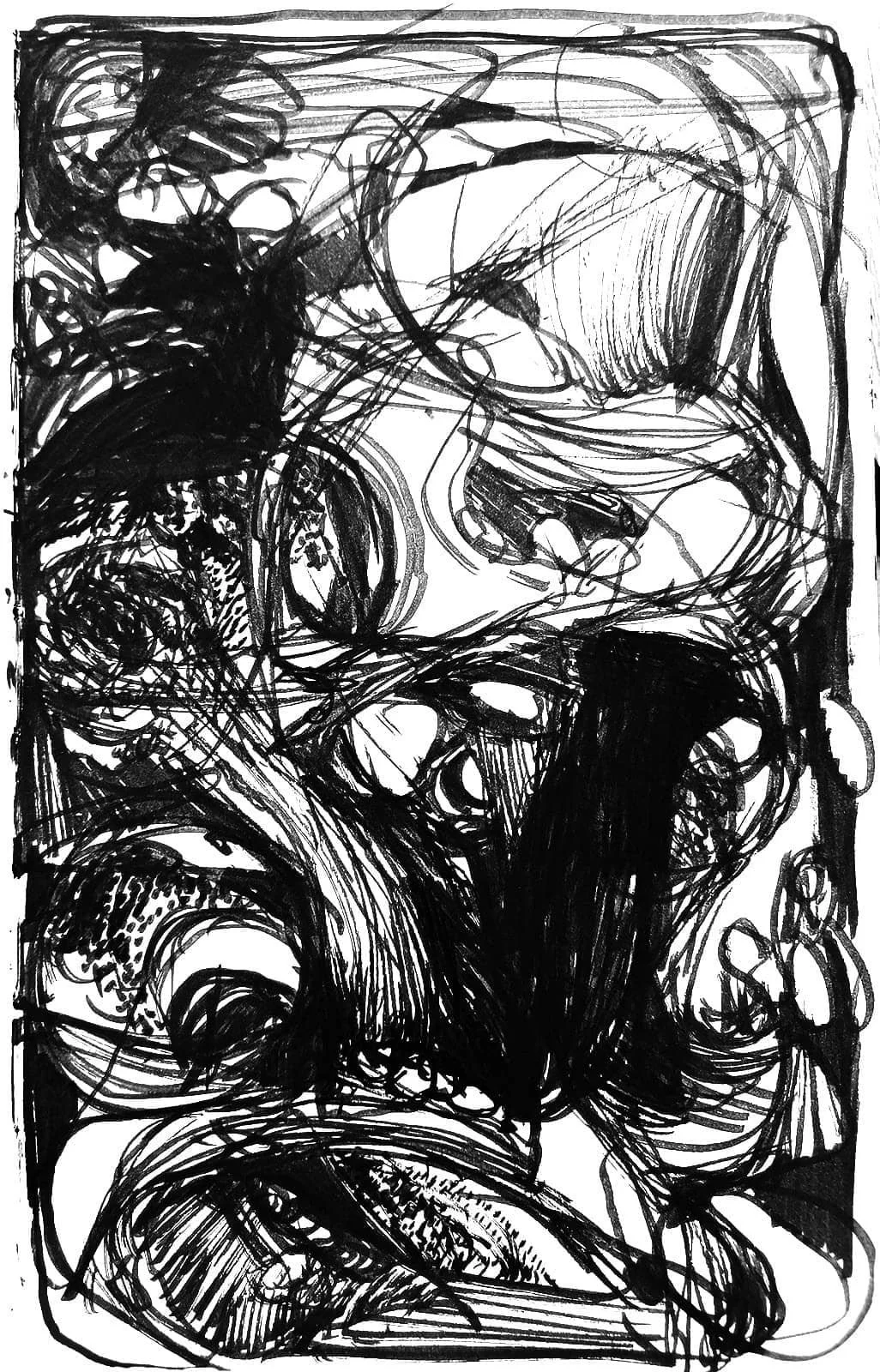 Intuitive, gestural drawing with dense, swirling linework – a visual imprint of inner frenzy and fragmented parts of the self.