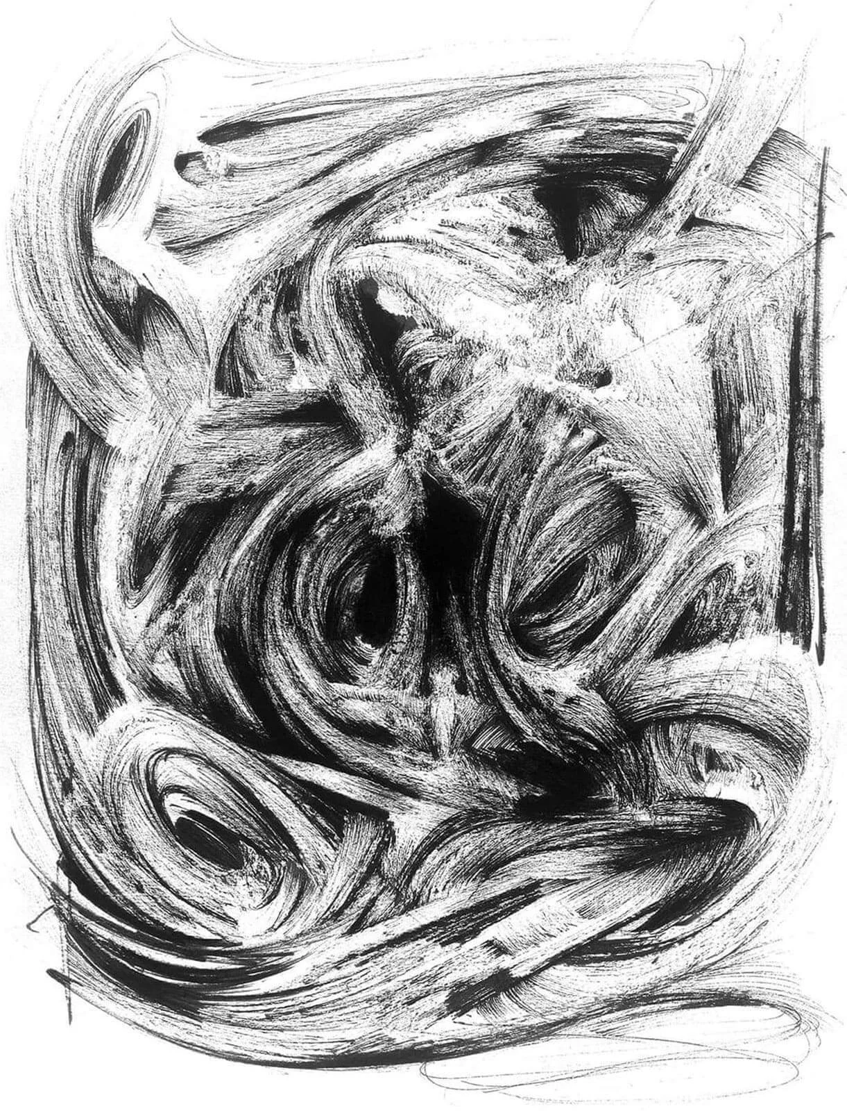 Original contemporary abstract artwork in black ink on paper, featuring a dynamic spiral composition with strong contrast and gestural expression.