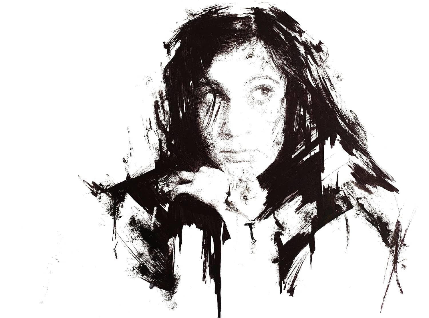 Characterful black-and-white portrait drawing with expressive brushstrokes.