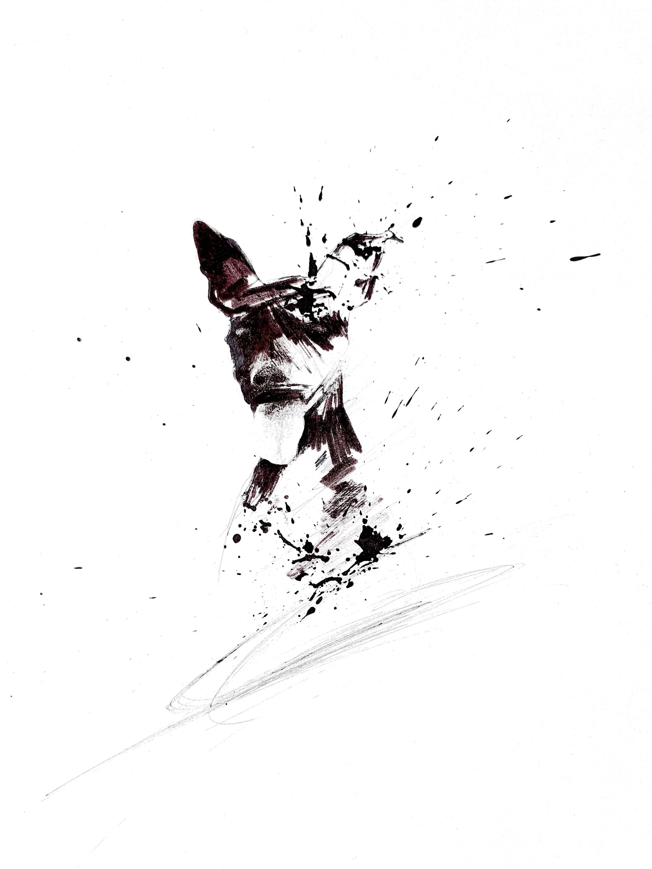 Contemporary figurative abstract painting in black ink on canvas, featuring a stylized fox.