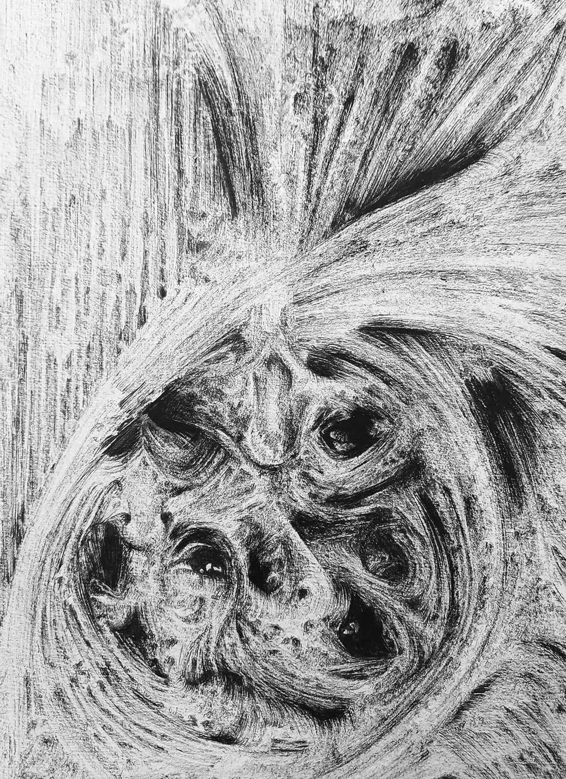 iophilic-inspired abstract pen drawing with plant-like, organic gestures, taken from the early portfolio of an emerging Hungarian painter.