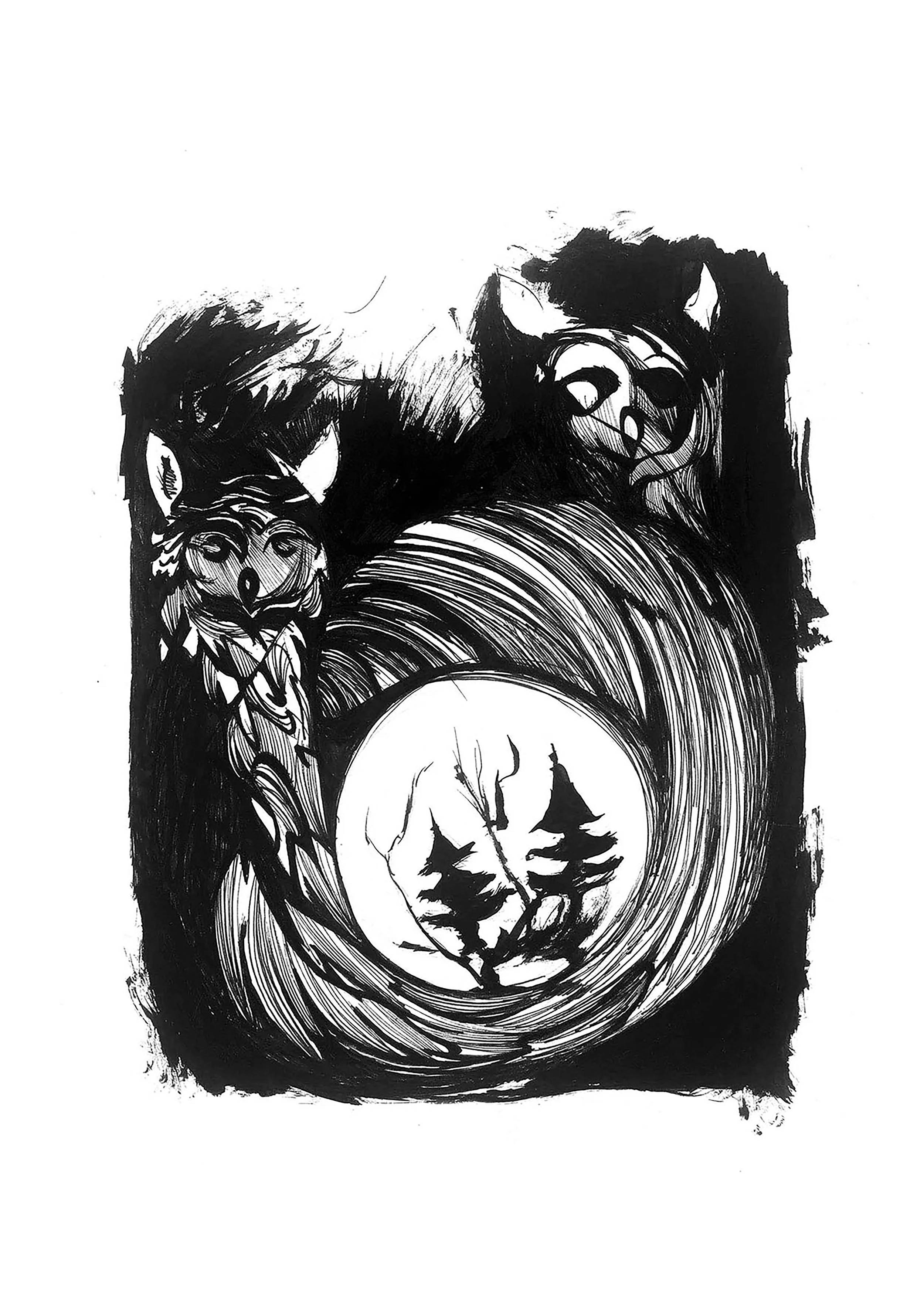 fekete-fehér rajz bagolyfigurákkal és örvénylő formákkal