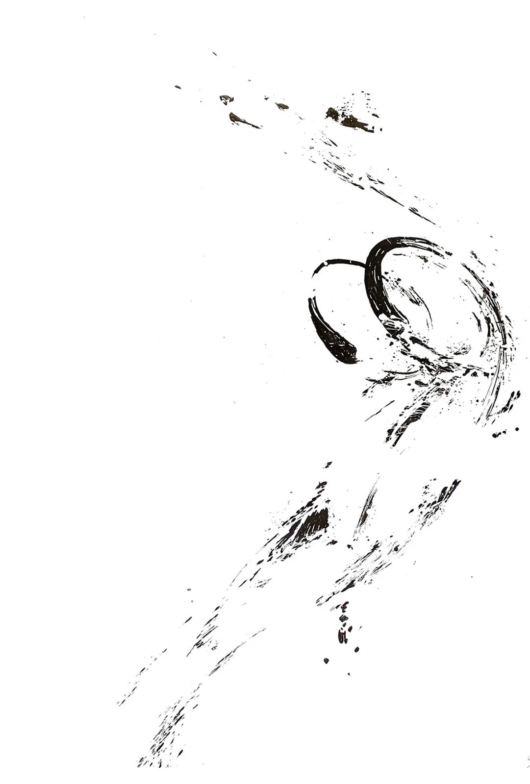 Abstract black ink brushstrokes on white background, expressive and minimalist composition.