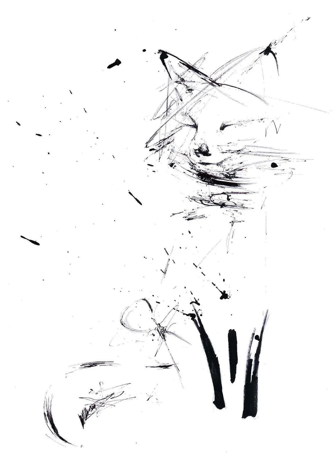 Minimalist ink drawing featuring a fox character, with loose, gestural linework.