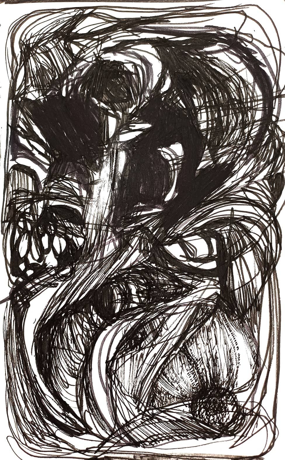 absztrakt figurális tusrajz – kortárs művészeti kompozíció gesztusos vonalvezetéssel