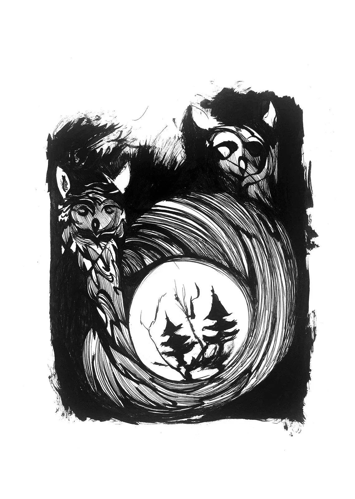 Monochrome figurative-abstract ink composition: animal archetypes and a fragment of forest arranged in spiral movement, rendered with dynamic, raw brush and pen strokes.