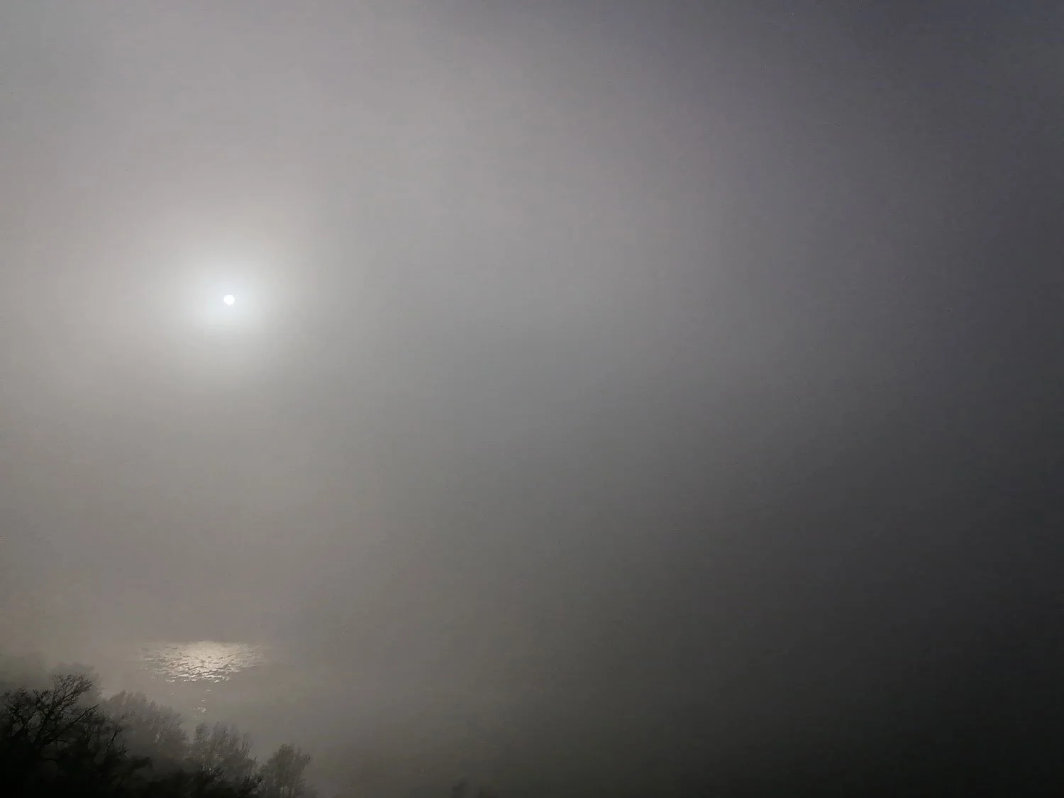 A foggy morning in the Danube Bend, with the pale sun breaking through the mist and reflecting on the surface of the river.