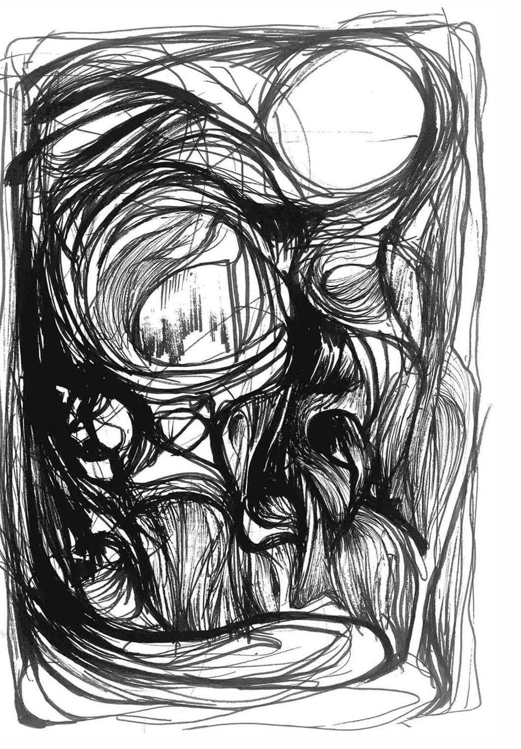 Organikus absztrakt rajz tusból, belső állapotokat idéző arc- és természetes formákkal.