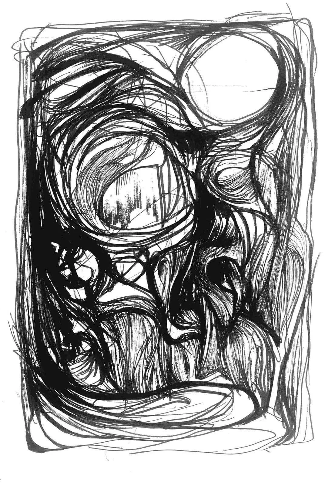 Organic abstract ink drawing with face-like and natural forms evoking inner states.