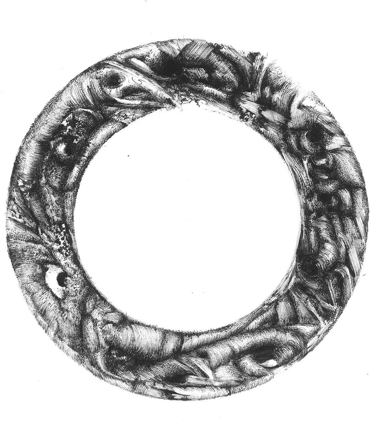 Contemporary abstract drawing with organic, biophilic forms, composed in a circular gesture, reflecting inner processes and layered emotional states through expressive mark-making.