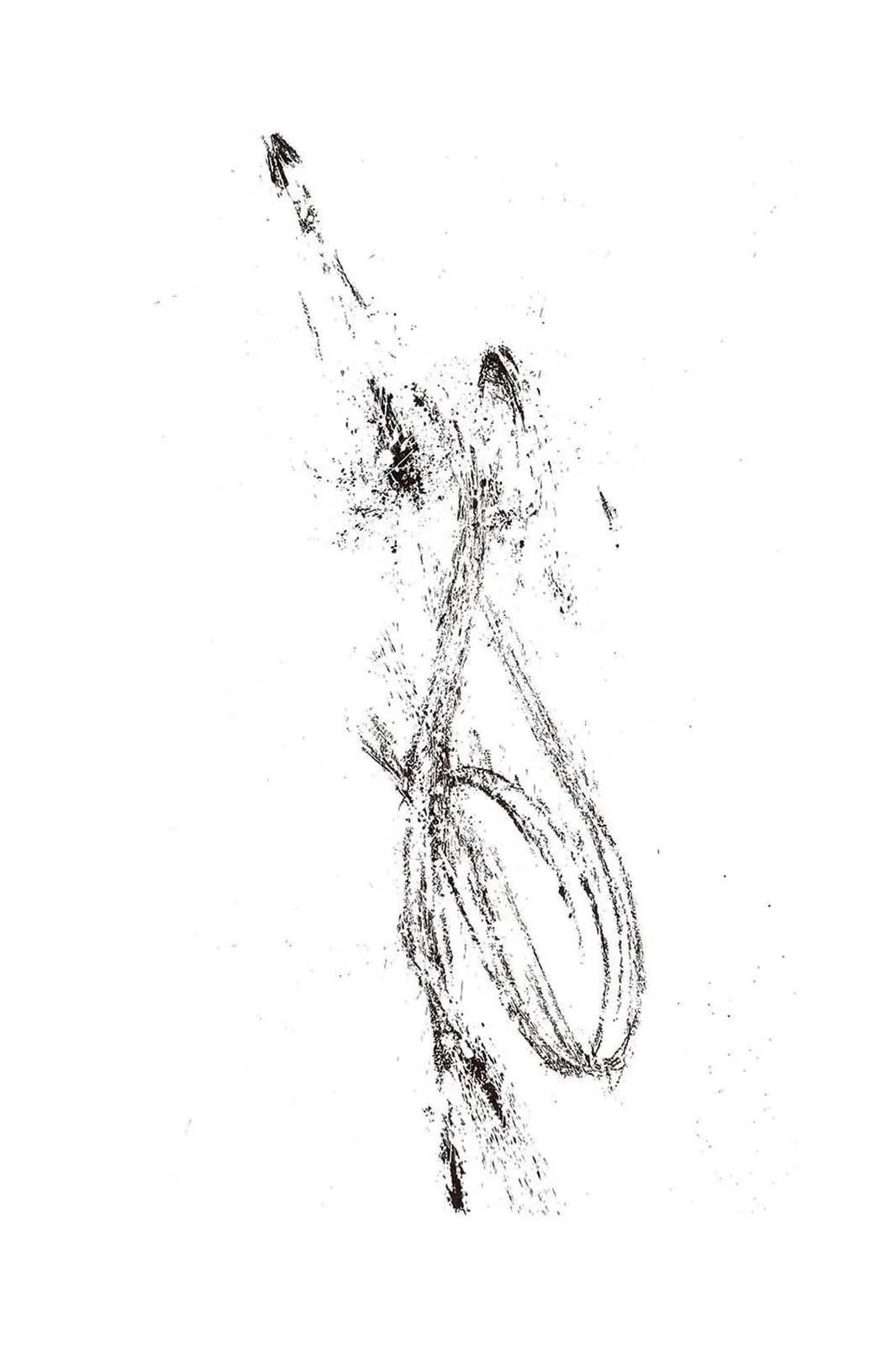 Black-and-white expressive line drawing: an organic vertical composition with subtly scattered texture and a meditative, transparent sense of space.