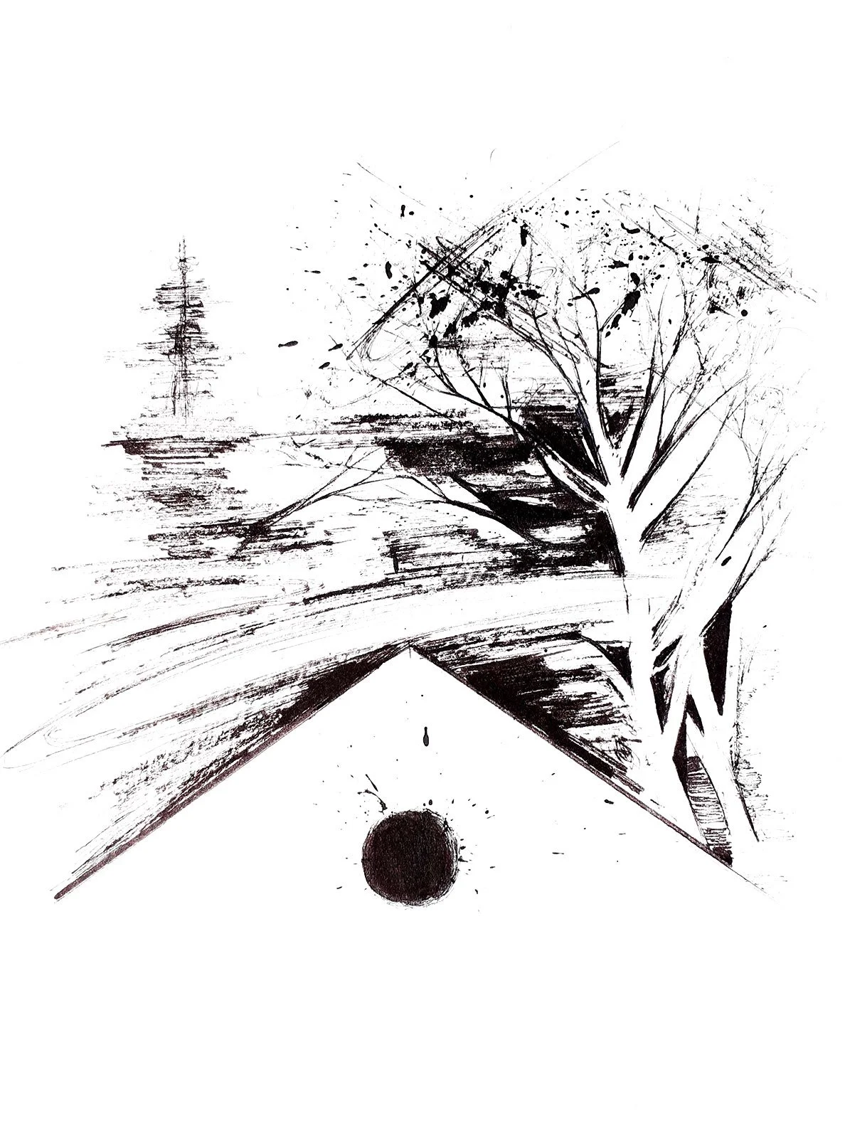 Kortárs tusrajz tájszerű absztrakcióval – A traumák elfedésének szimbóluma.