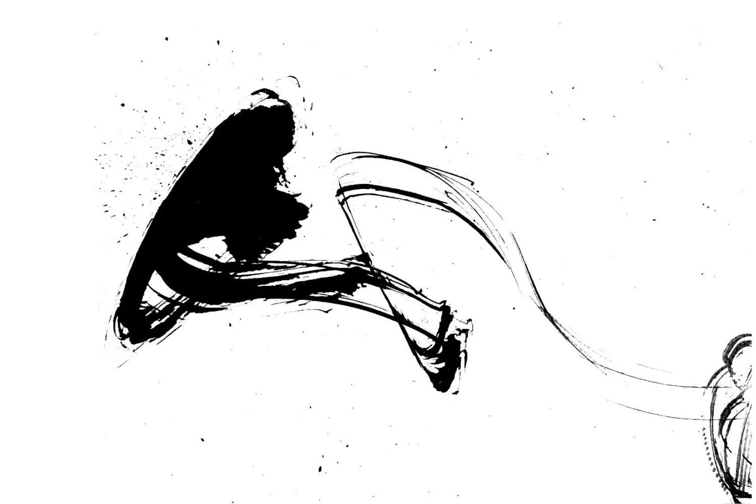 Minimalist abstract composition featuring calligraphic brushstrokes and organic black forms.