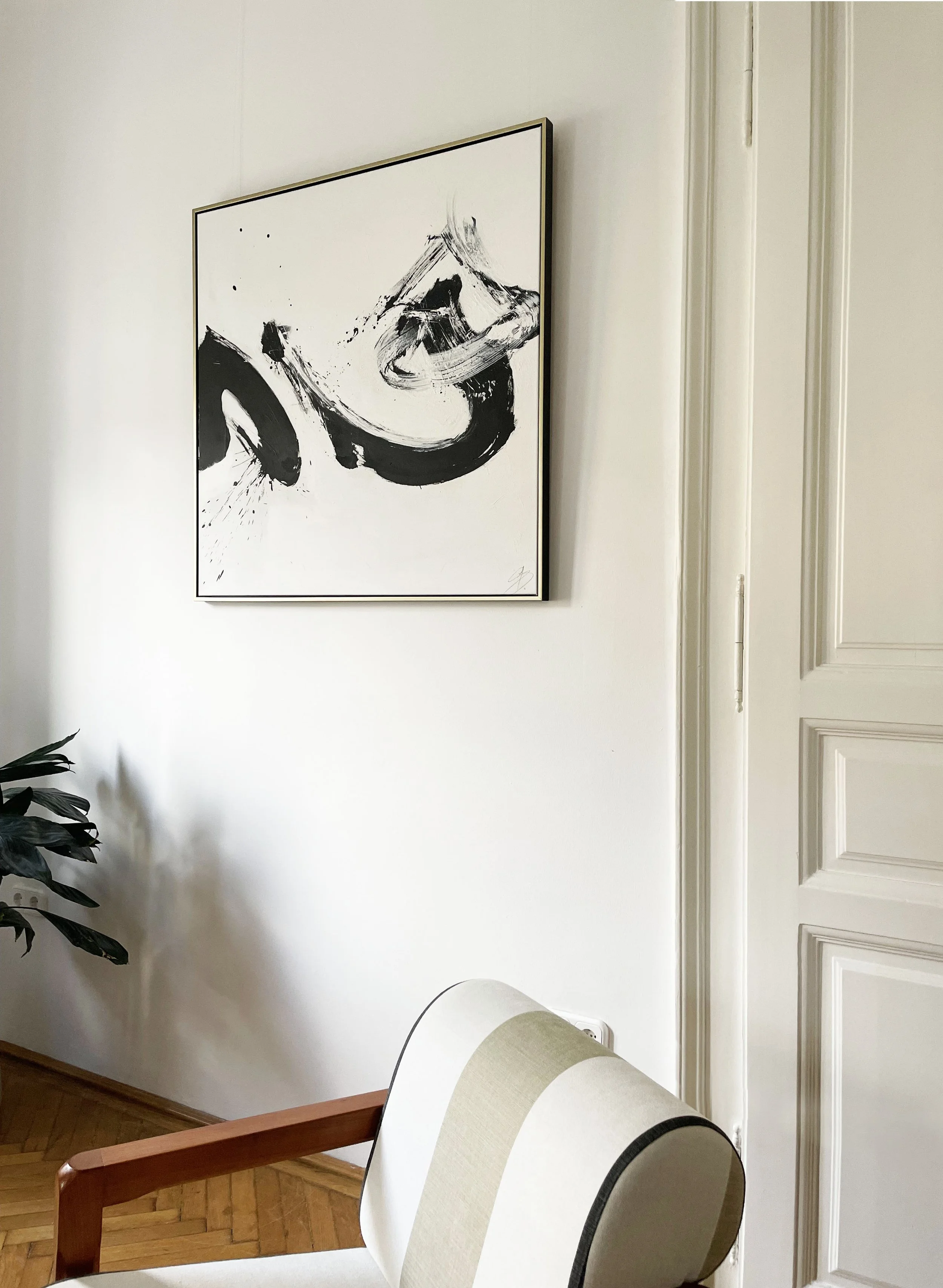 Contemporary figurative abstract painting in black ink on canvas, featuring a stylized fox.