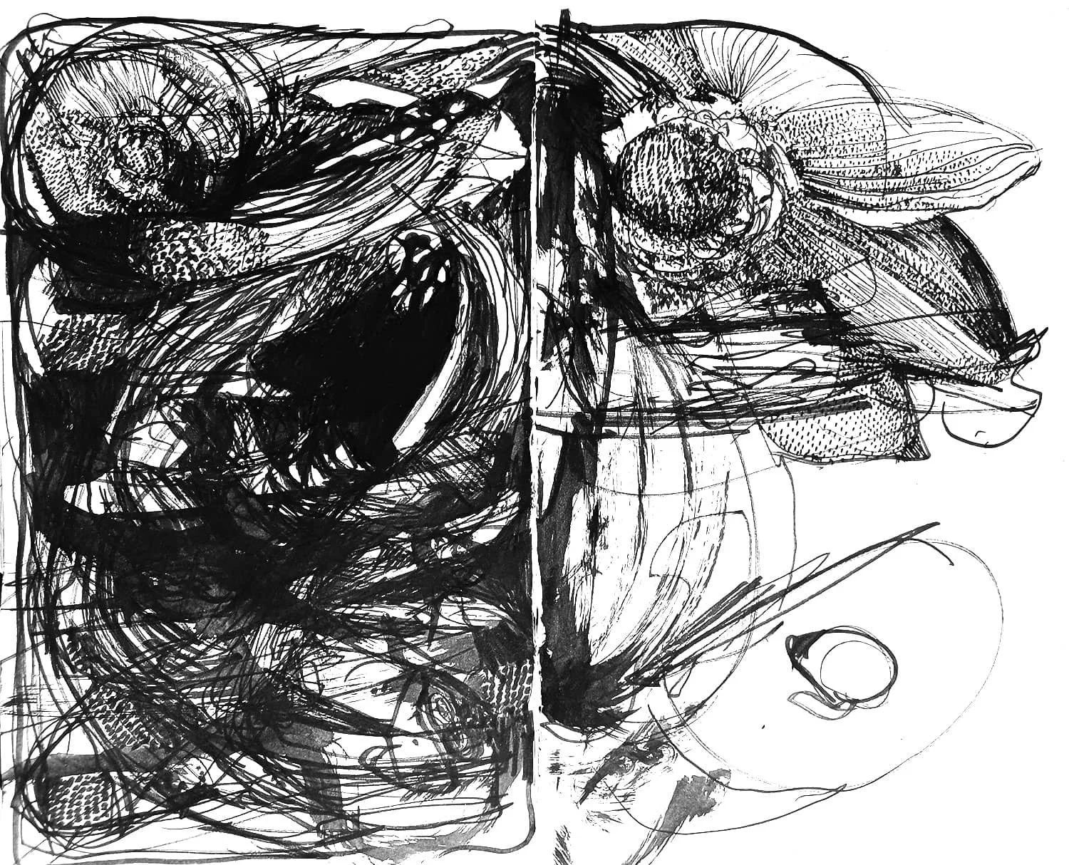 Abstract black ink drawing with gestural linework – a contemporary visual imprint of inner tension and fragmented parts of the self.