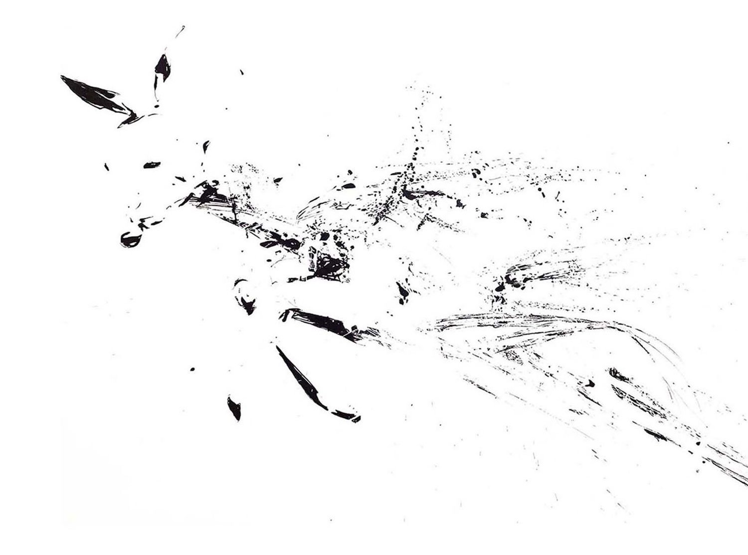 Monokróm, figuratív-absztrakt tusrajz: mozgásba oldódó szarvasalak expresszív, szétrobbanó gesztusokkal és redukált térhasználattal.