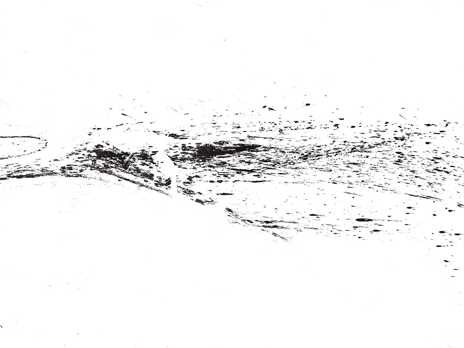 Minimal abstract ink composition with black splashes and horizontal gestural marks.