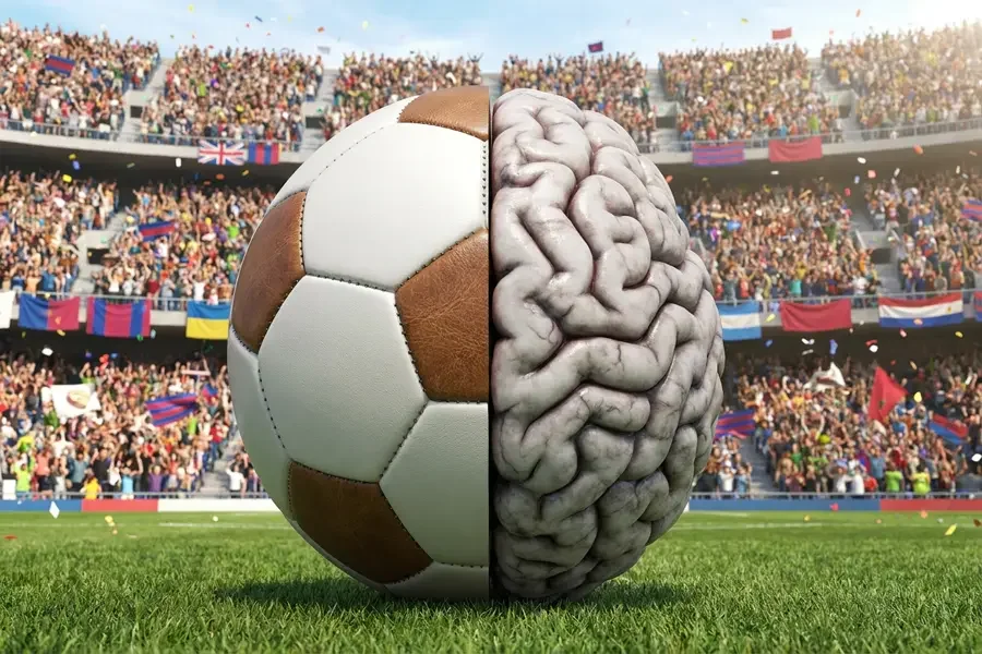 Balón de fútbol con una mitad de cerebro humano, en la cancha de un estadio lleno de aficionados.