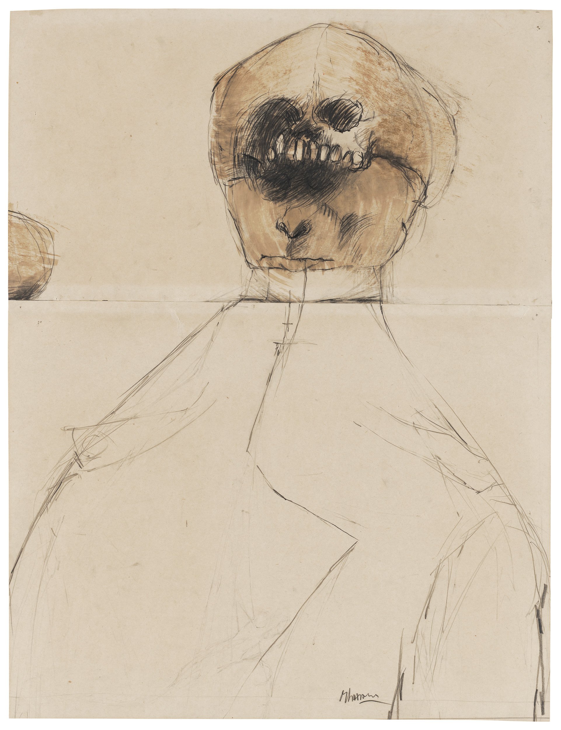  No. 4  (1961) 
25¾ × 19¾ in. | 65.4 × 50.2 cm. 
Graphite, charcoal, brush and asphaltum turpentine wash, on card paper, two sheets 
  In the fourth drawing there is more detail because we have a three-quarter frontal view of the head. Also a new mot