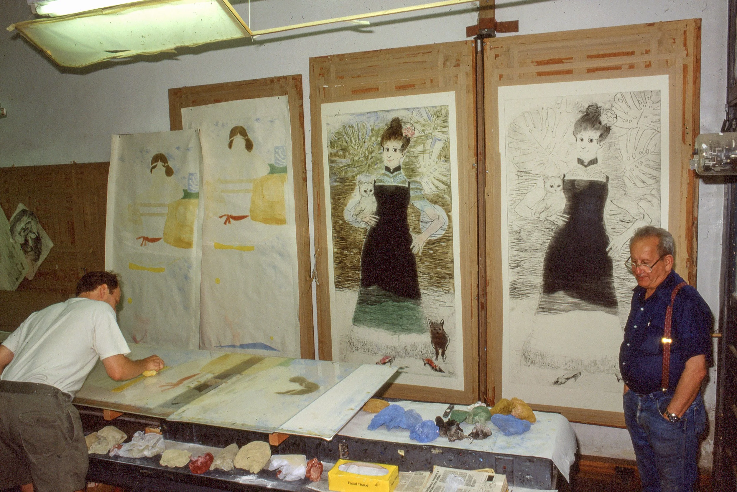  Mauricio with his longtime assistant, Jon Fasanelli-Cawelti printing  The Cat the Clock and the Ballerina , 1991  