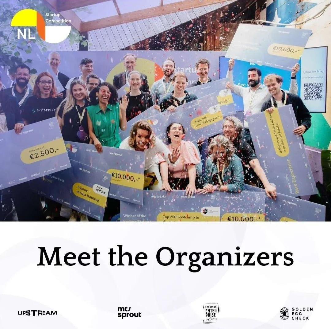 A social media post of a group of diverse people celebrating on stage with large checks and confetti, at NL Startup Competition Finale with "Meet the Organizers" text underneath and four partner logos.