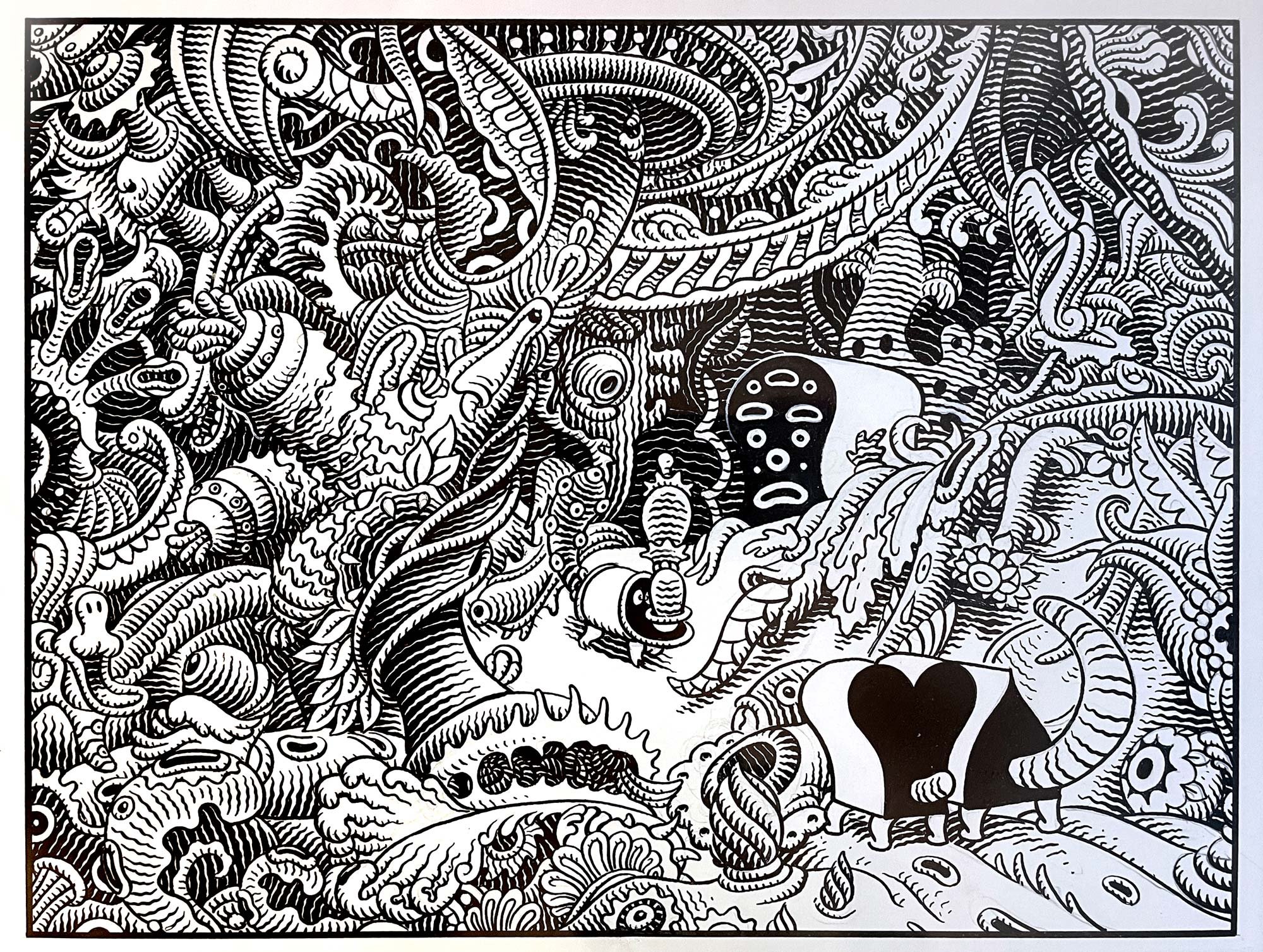 Jim Woodring (b. 1952)
Untitled (Pupshaw and Pushpaw on an adventure), 2022
ink on paper
9½ x 12½ in.
24 x 31 cm
Collection of JJ and Mary Cromer