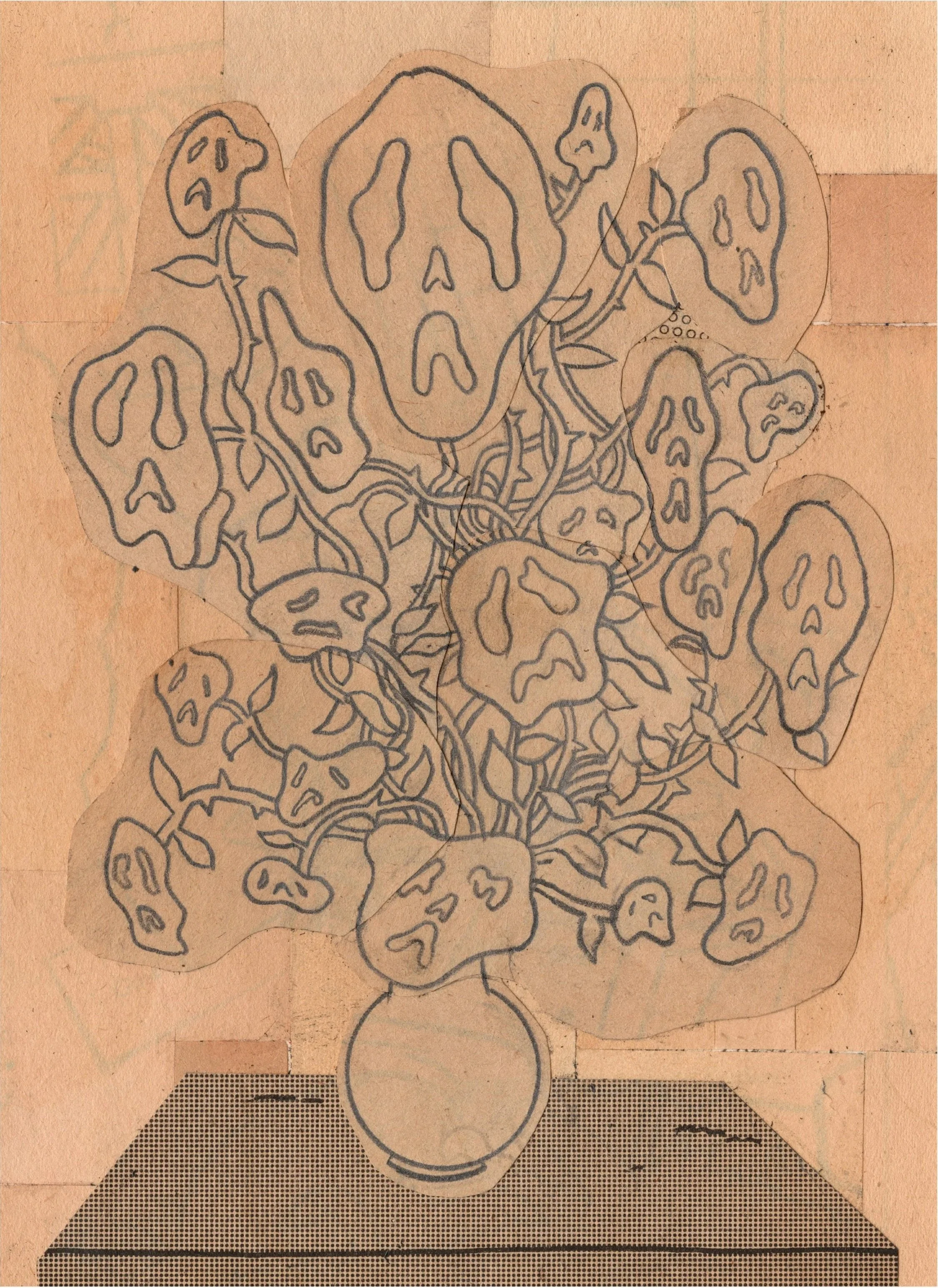 Deadly Arrangement, 2023 
pencil on collaged paper 
7 3/4 x 5 3/4 in. | 9.7 x 14.6 cm
