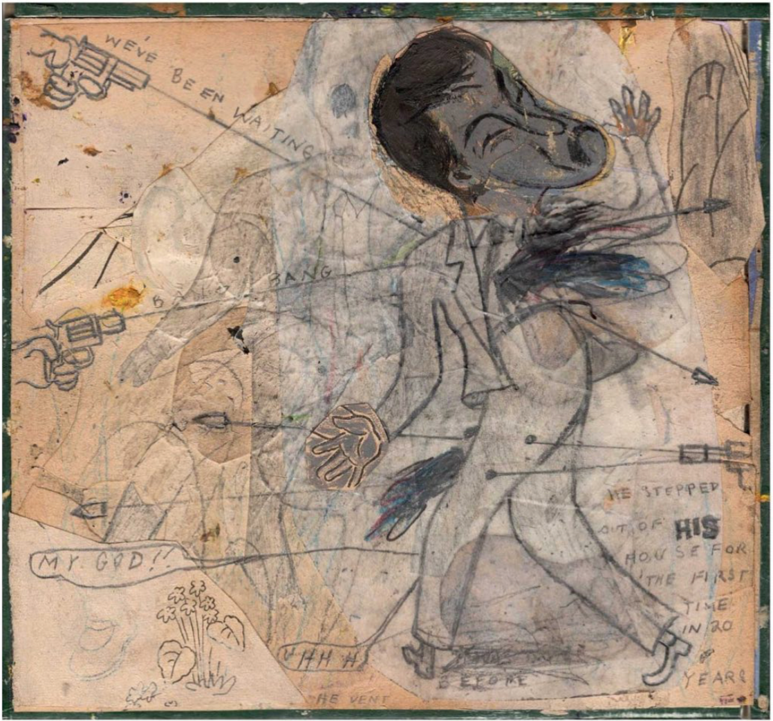 His Hideous Fate, 2021 
pencil, acrylic, paper on book cover 
6 1/2 x 7 1/4 in. | 16.5 x 18.4 cm