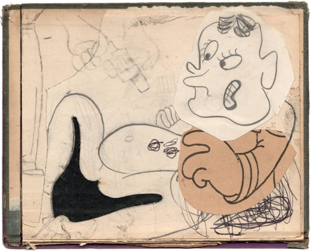 Untitled, 2021 
pencil, acrylic, paper on book cover 
4 x 5 in. | 10.2 x 12.7 cm