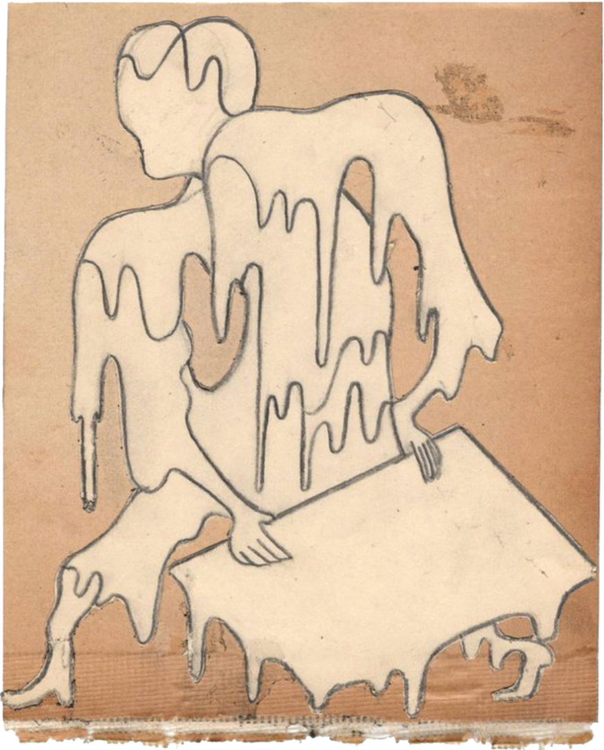 Untitled (Melting Man I), 2023 
pencil on collaged paper 
5 3/4 x 5 1/4 in. | 14.6 x 13.2 cm