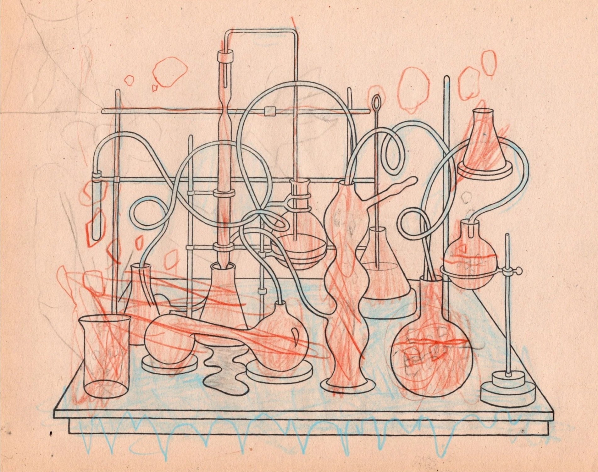 The mad scientist worked tirelessly #1, 2024 
colored pencil, pen, ink on paper 
8 x 11 in. | 20 x 27 cm
