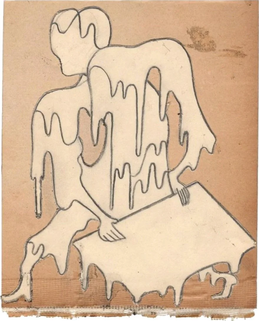 Untitled (Melting Man I), 2023 
pencil on collaged paper 
5 3/4 x 5 1/4 in. | 14.6 x 13.2 cm