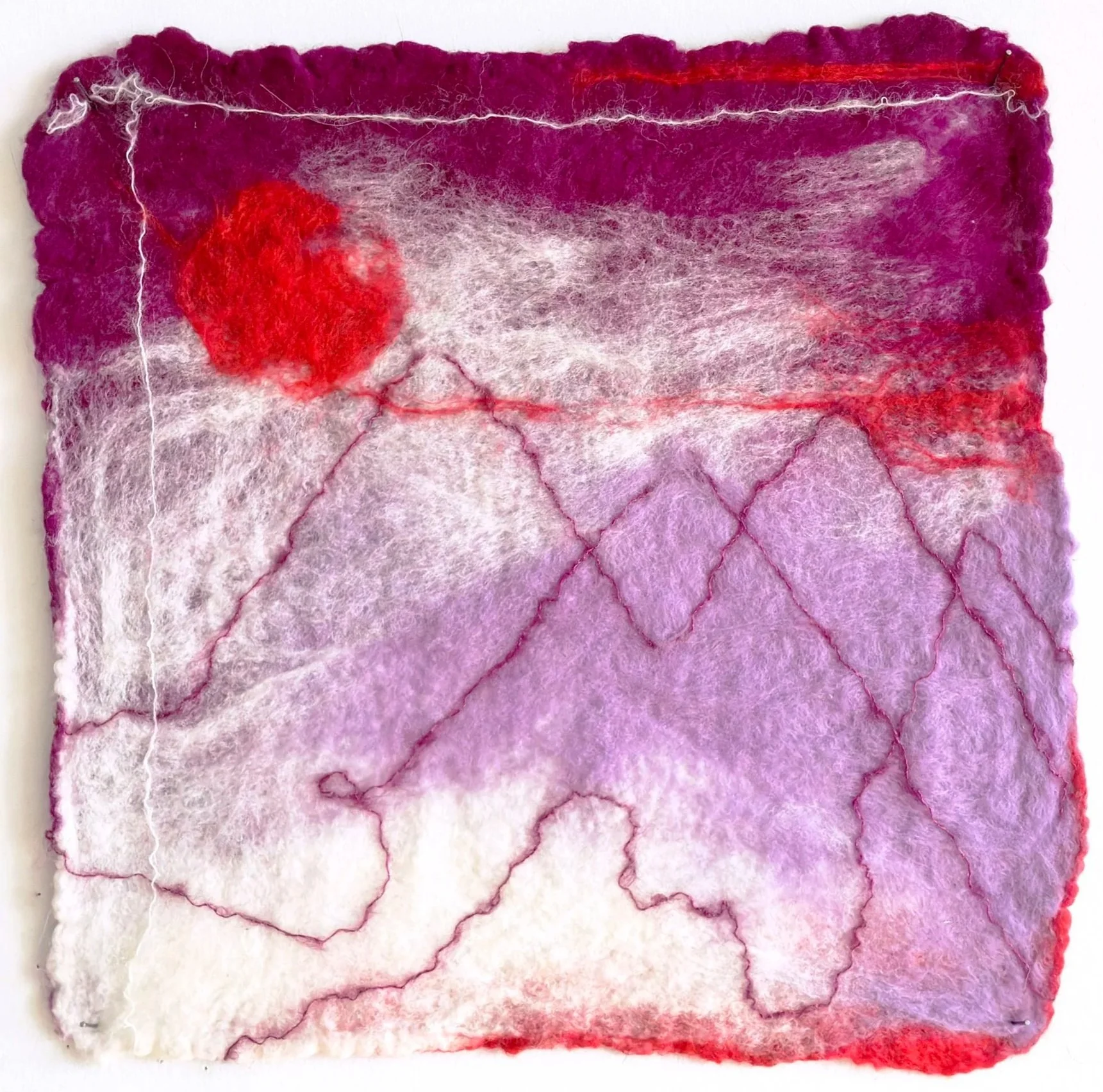  Ruth Jeyaveeran  
Fireball, 2026 
hand felted wool, yarn 
13 x 13 in. 
33 x 33 cm