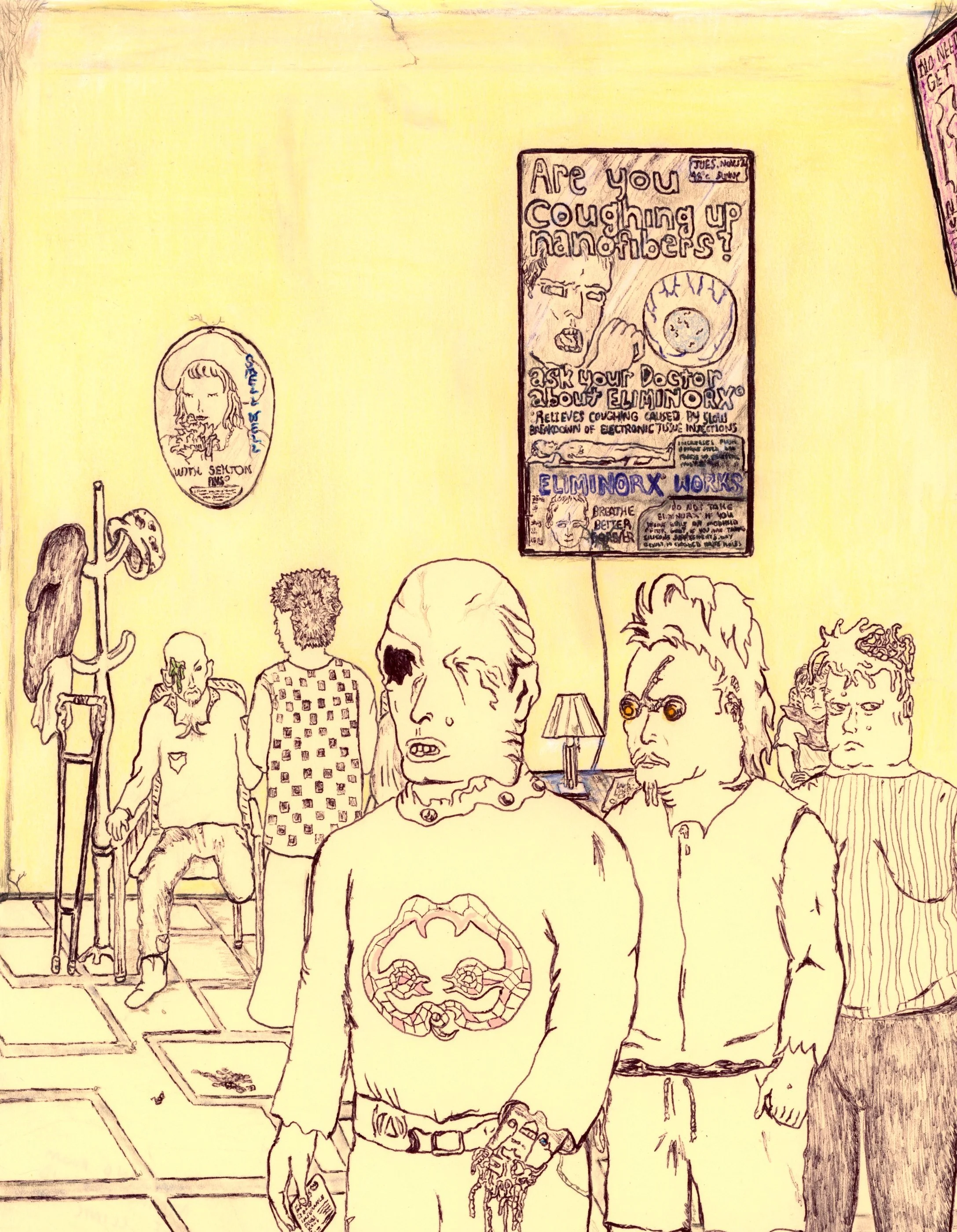  Matt Lock (b. 1984)  
Waiting Room at The Flesh-Mesh Damage Clinic, 2025 
ink, pencil, and marker on paper 
11 x 8½ in. 
27 x 21 cm
