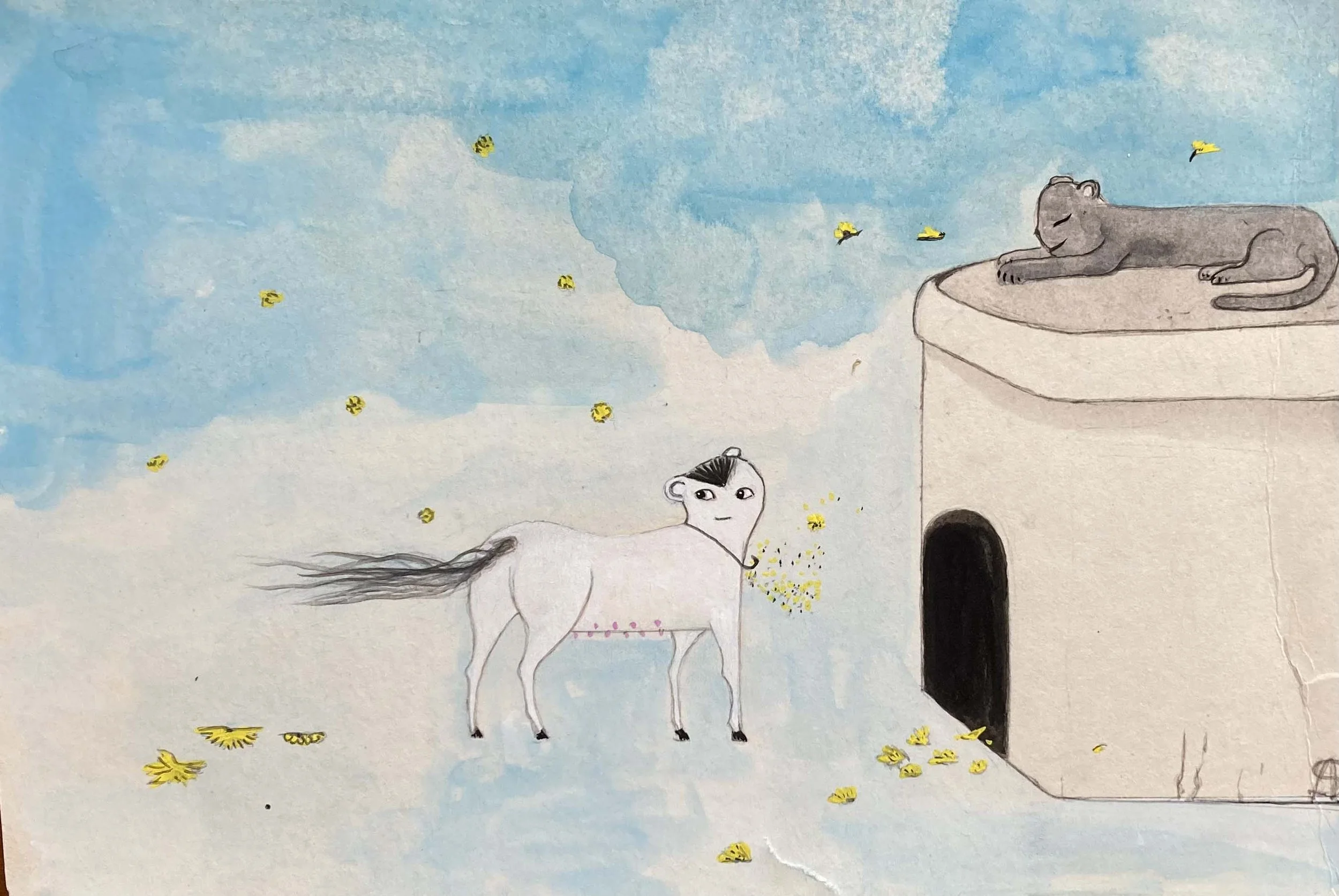  Aurélie Salavert  
Return to the nice house (Retourner dans la gentle maison), ND 
watercolor and pencil on found paperboard 
7½ x 11 in. 
19 x 28 cm