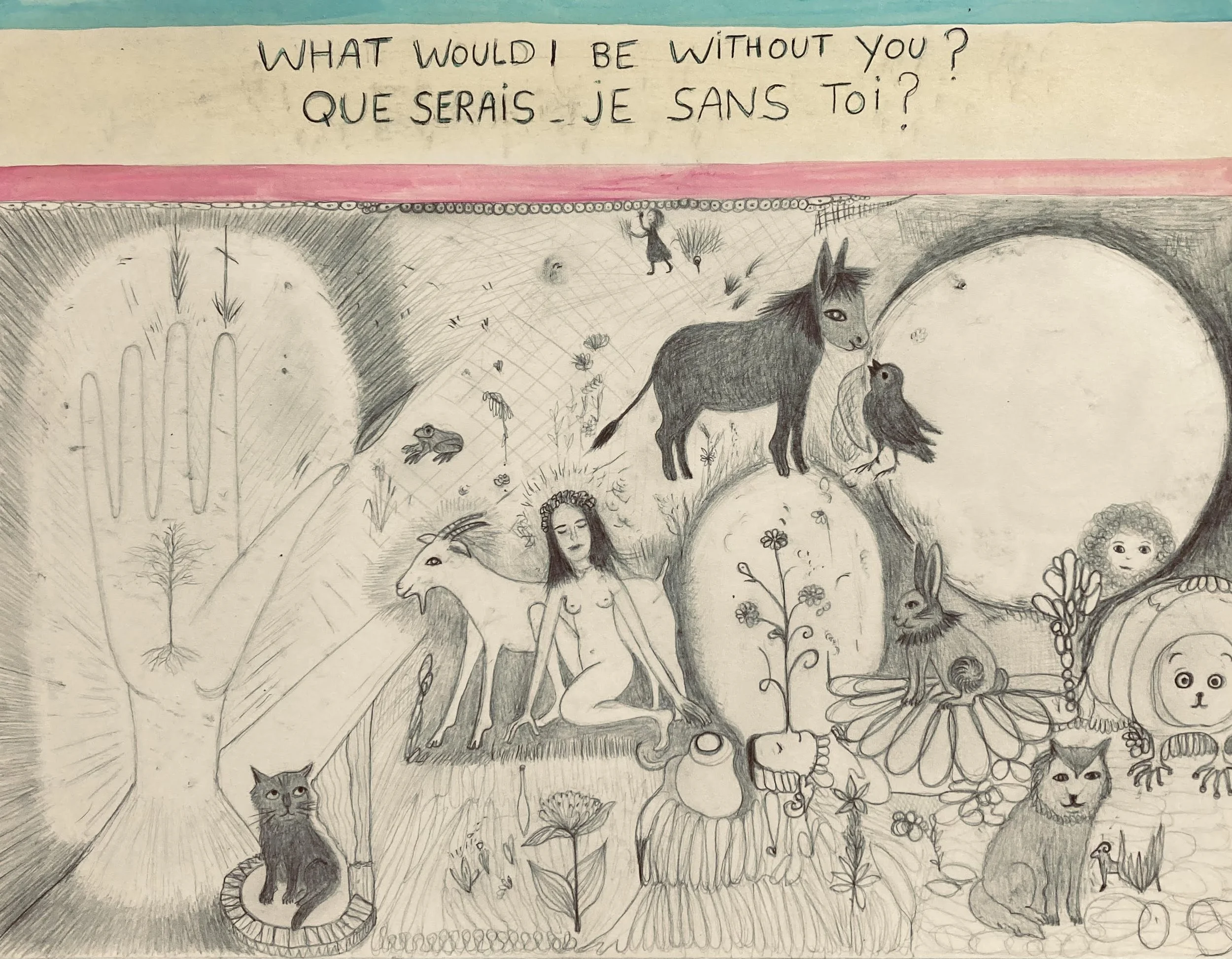  Aurélie Salavert  
What would I be without you ? (Que serais-je sans toi ?) 
pencil, gouache, pastel on found paper 
9⅞ x 13 in. 
25 x 33 cm