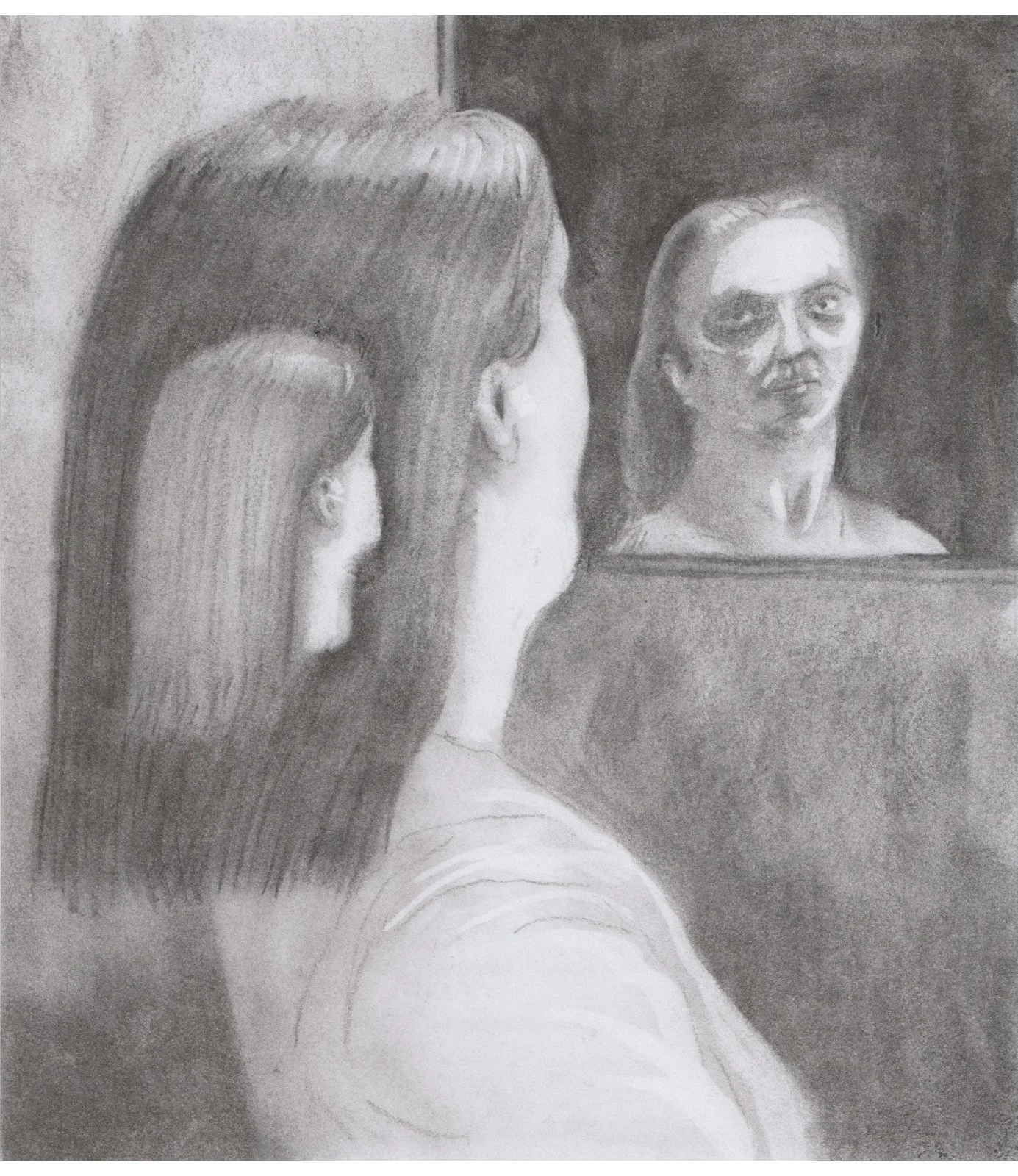  June Gutman (b. 1995)  
Mirror, 2025 
charcoal on paper 
9 x 8 in. 
22 x 20 cm 
Courtesy of Kishka Gallery & Library