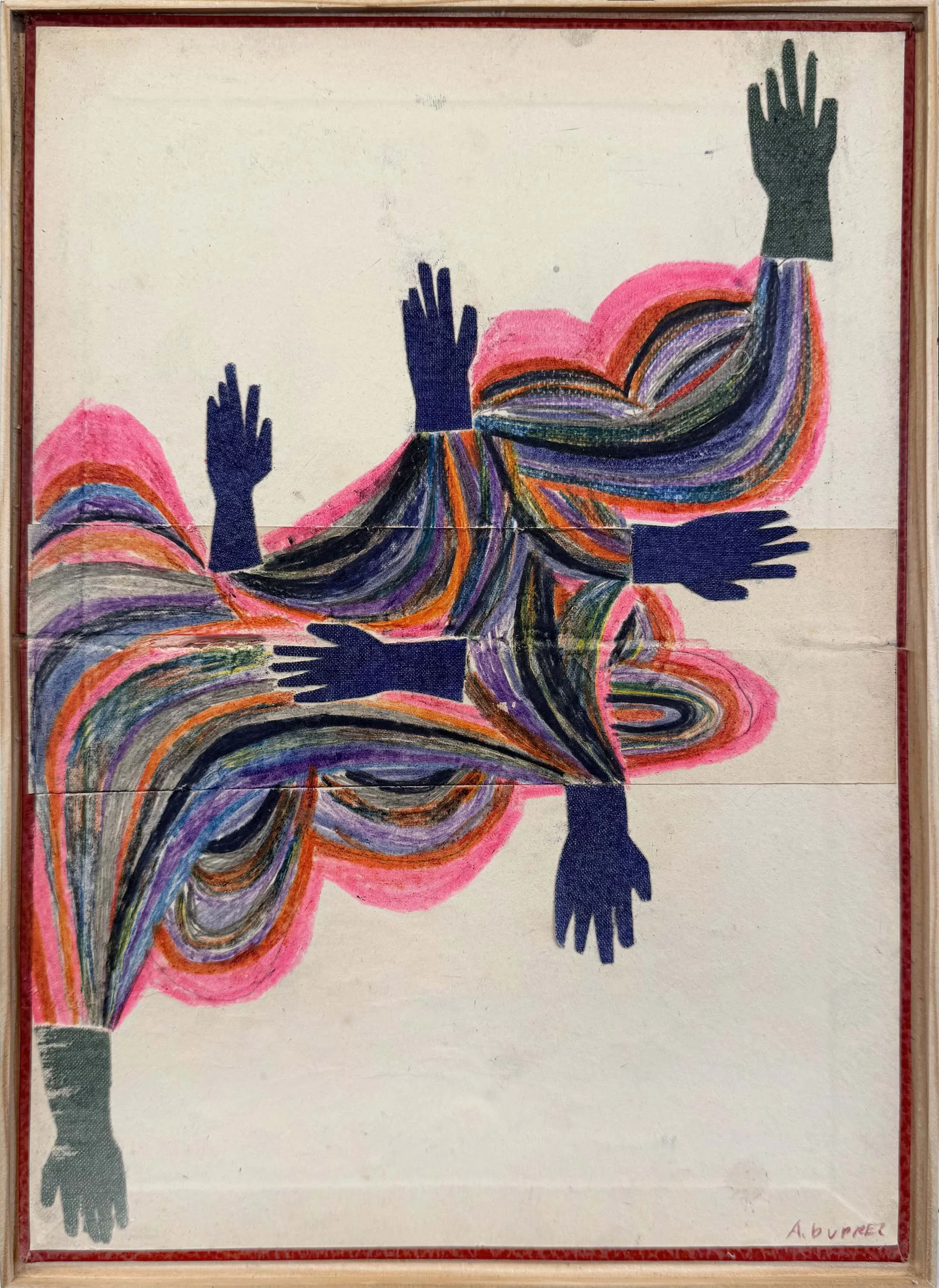  Alexandra Duprez  
Untitled, 2026 
colored pencil, fabric collage on found book cover 
11½ x 8¼ in.. 
29 x 20 cm