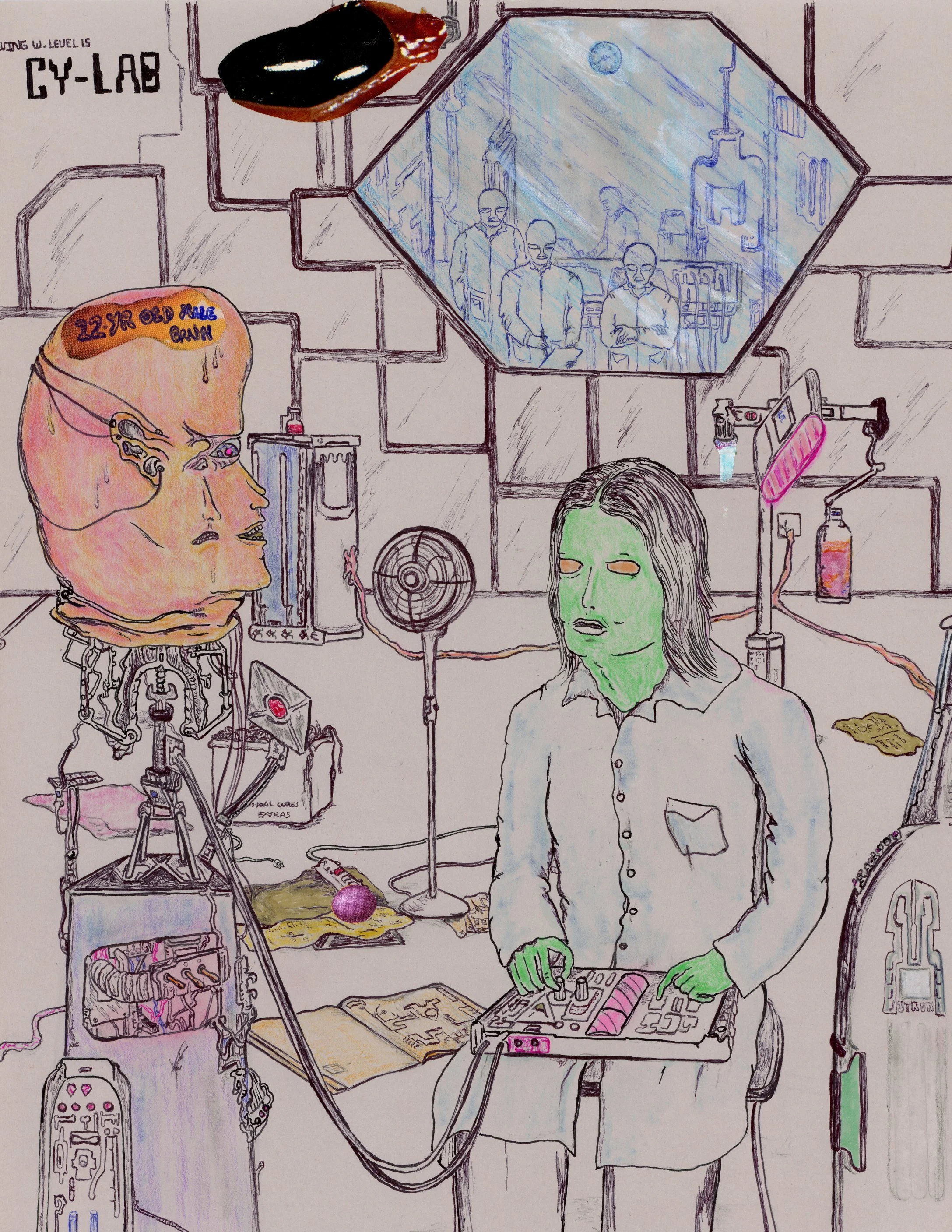  Matt Lock (b. 1984)  
Self-Aware Puppet Head Goes Off, 2024 
ink, pencil, marker, & collage on cardstock 
11 x 8½ in. 
27 x 21 cm