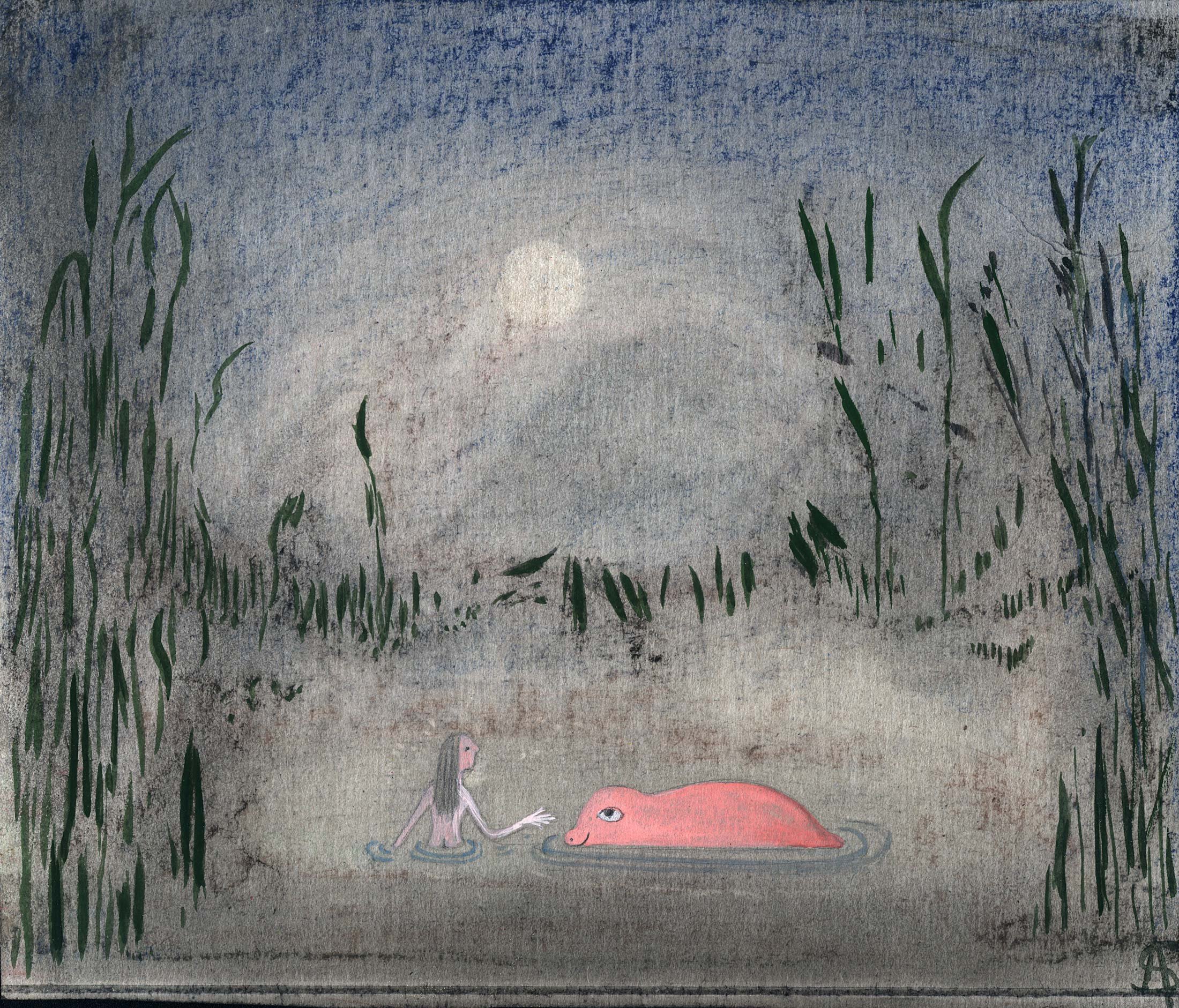 Aurélie Salavert
Secret scene at dusk (Scène secrète au crépuscule), ND
gouache, pencil and pastel on found paperboard
7½ x 9 in.
19 x 23 cm