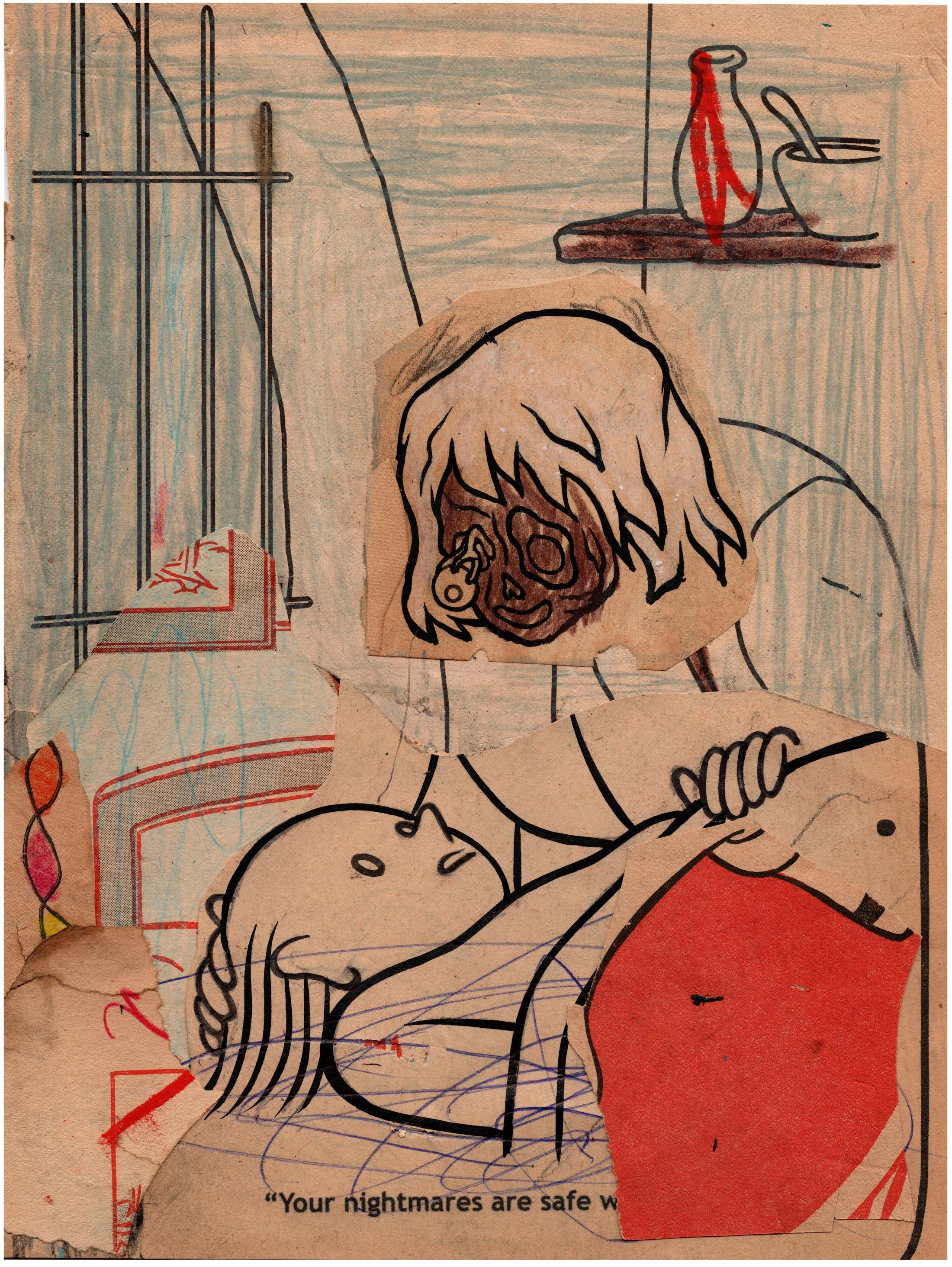 Your nightmares are safe with me, 2024 
ink, crayon, pen on paper 
10¼ x 7¾ in. | 26 x 19 cm